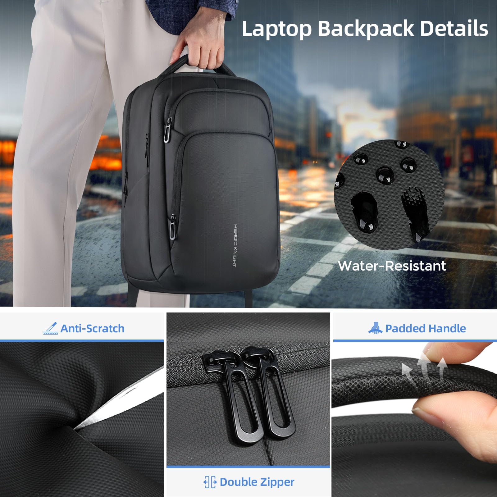 Sac à Dos Homme pour Ordinateur Portable 17,3 Pouces avec Ports USB-C & USB-A, Grande Capacité 24-28L, Étanche, Antivol, Léger pour Bureau, Travail, Université, Quotidien et Voyage - Noir