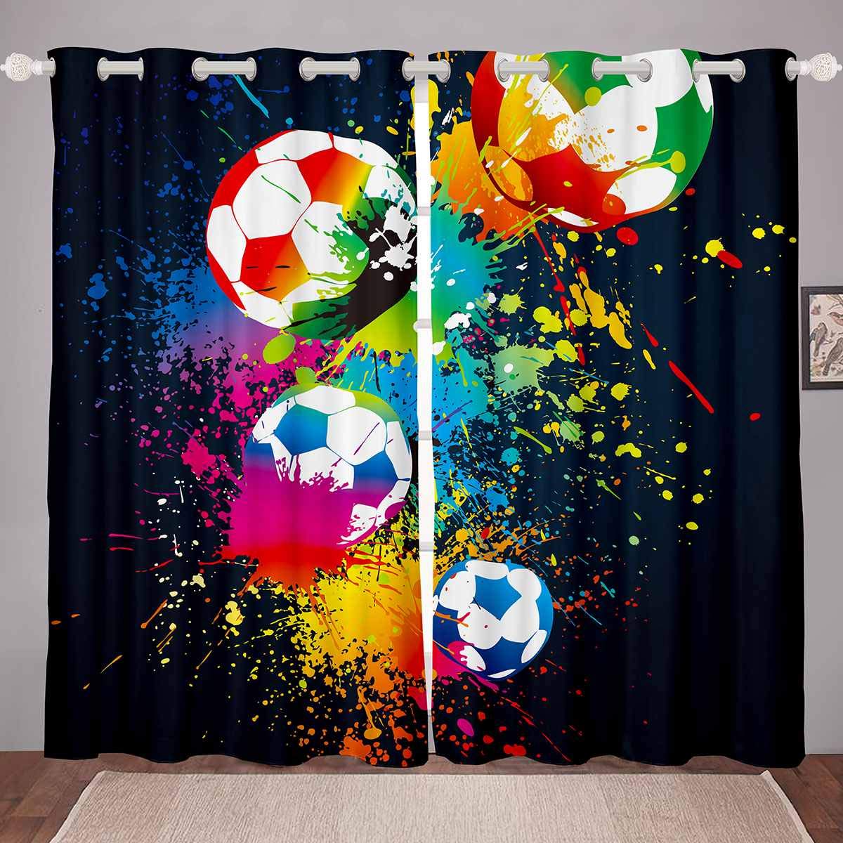 Loussiesd Sport Curtains for Girls Boys Children Kids Football Window Drapes Sports Theme Games Window Curtains for Bedroom Living Room Bright Vibrant Soccer Ball Pattern Window Treatments,W66*L72