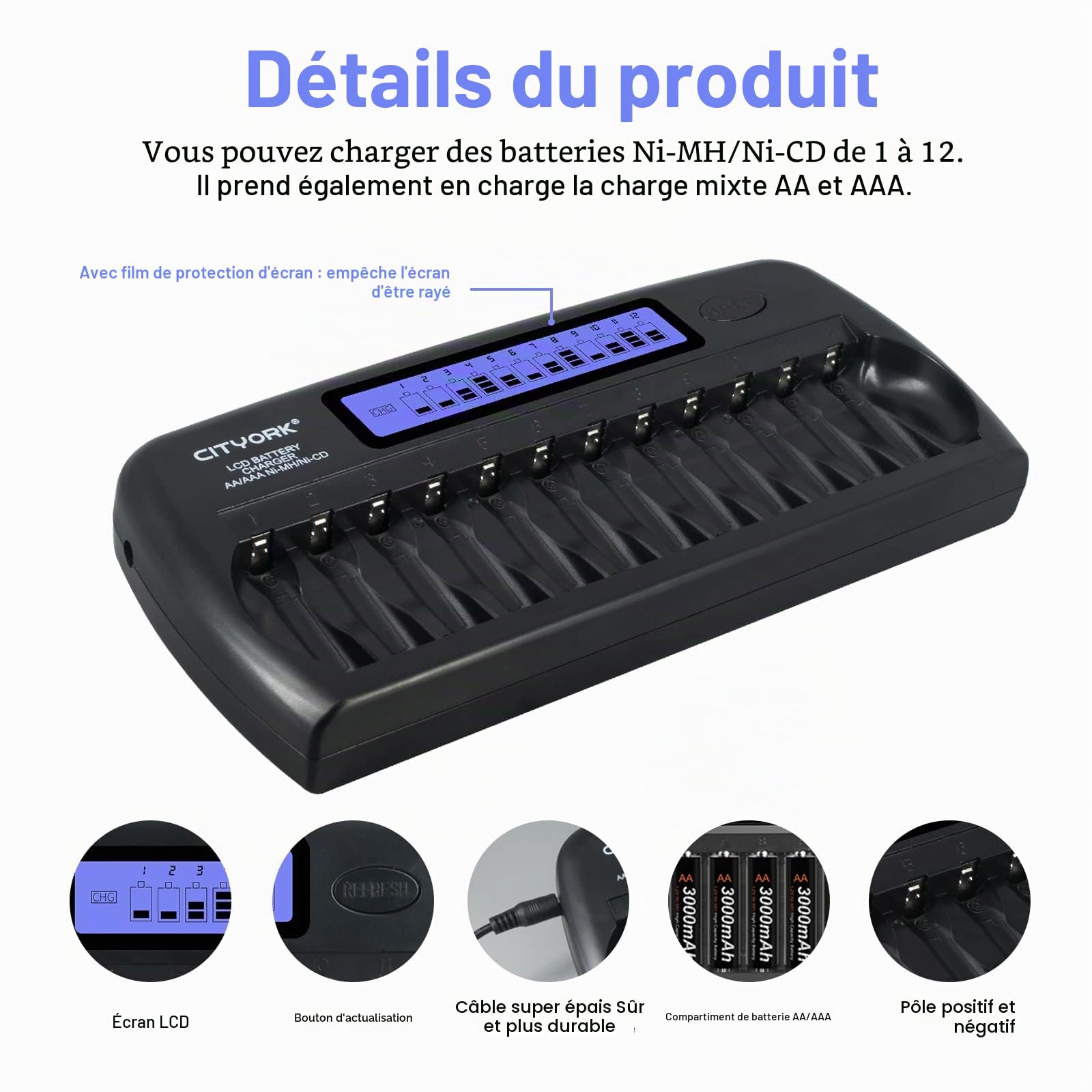CITYORK Chargeur Intelligent LCD avec 12 emplacements et Protection IC intégrée, pour Piles Rechargeables AA/AAA Ni-MH/Ni-CD avec Adaptateur Secteur Mural