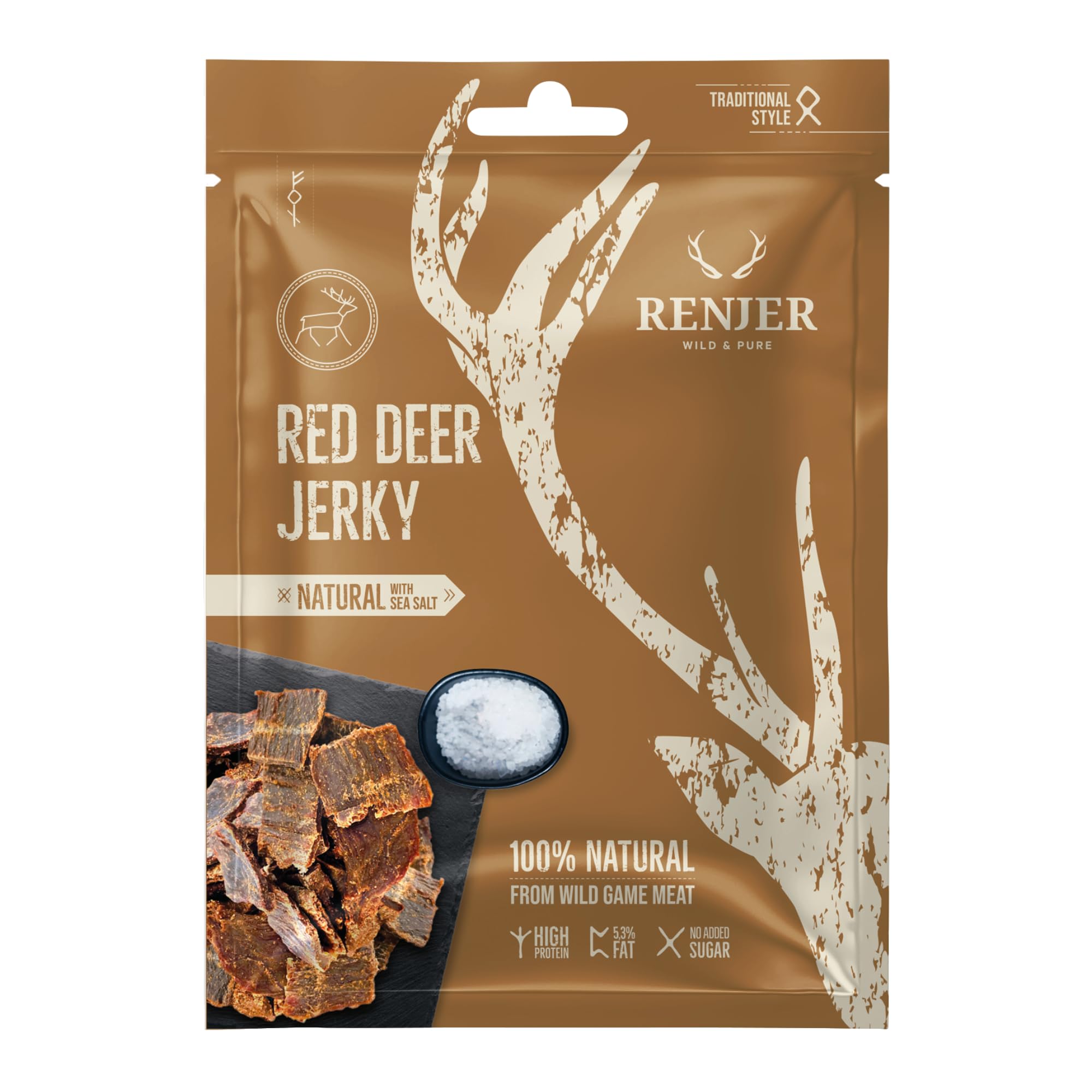 Renjer Red Deer Jerky with Sea Salt - Confezione da 15 (15 x 25 g) - Autentica esperienza di gusto nordico, carne di selvaggina, qualità gourmet