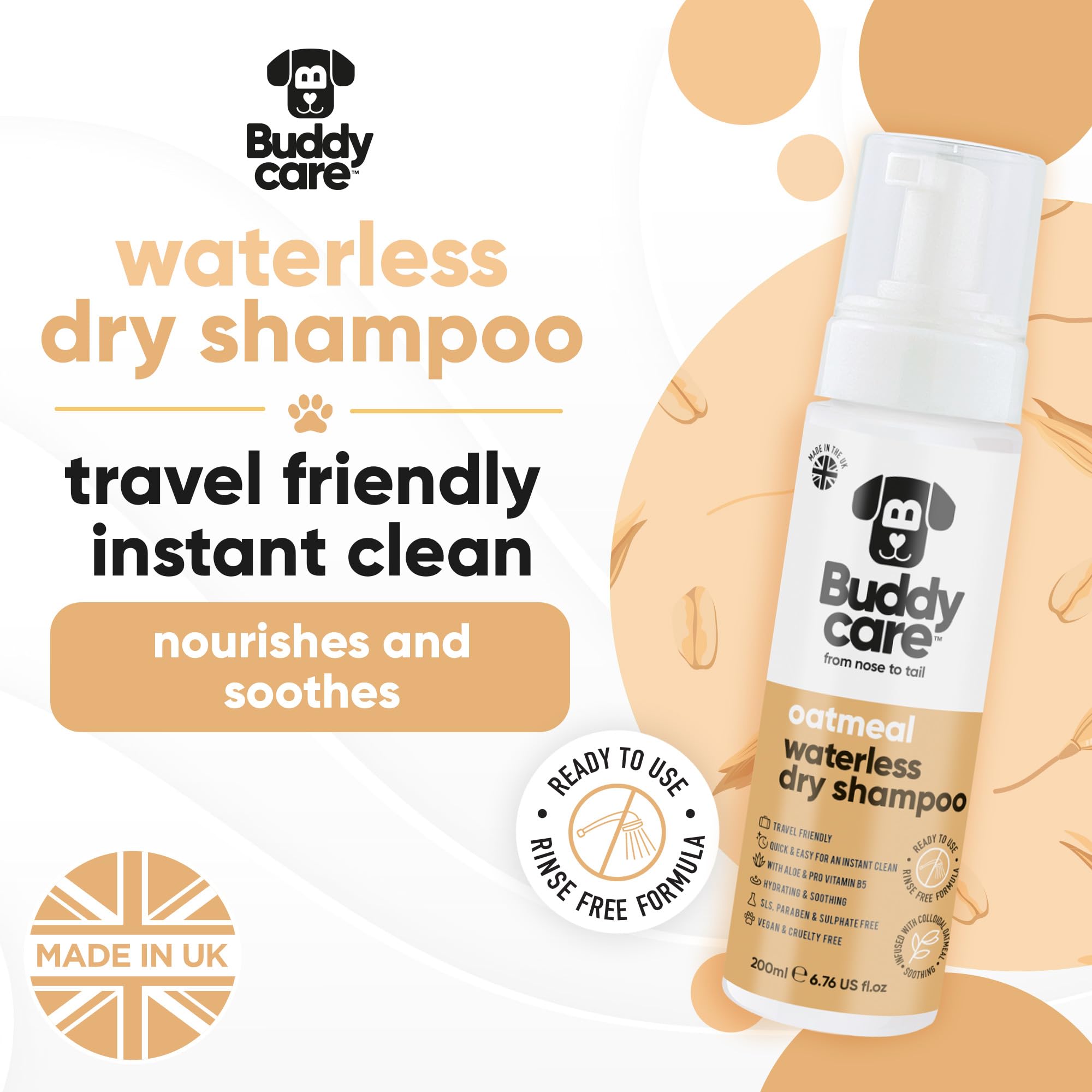 Buddycare Bezwodny, suchy szampon dla psów (200 ml) | Oatmeal szampon dla psów bez spłukiwania do skóry wrażliwej | naturalny, łatwy w użyciu suchy szampon dla świeżego, czystego sierści