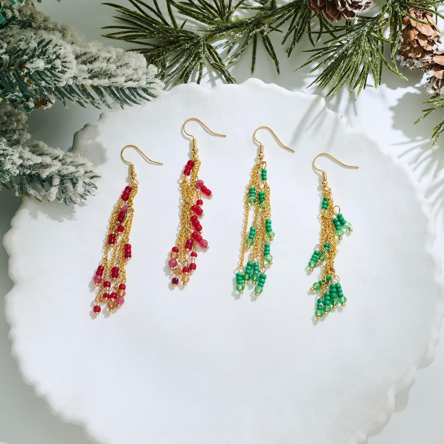 Gold Dangle Earrings for Women Boho Green Beaded Tassel Earrings Women's Jewelry for Festival Party Daily Wear Unique Gift for Her - Image 6