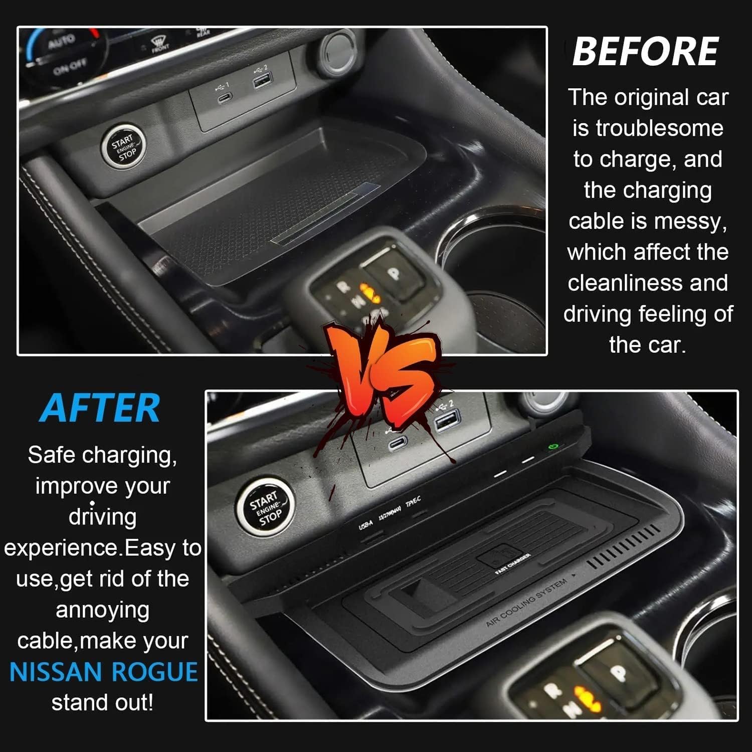 Wireless Car Charger for Nissan Rogue 2021-2023 15W Fast Charging Phone Charger Pad for Nissan Rogue S SV SL Platinum T33 Accessory with QC3.0 USB Port for iPhone 12/13/13Pro Galaxy S22/S21