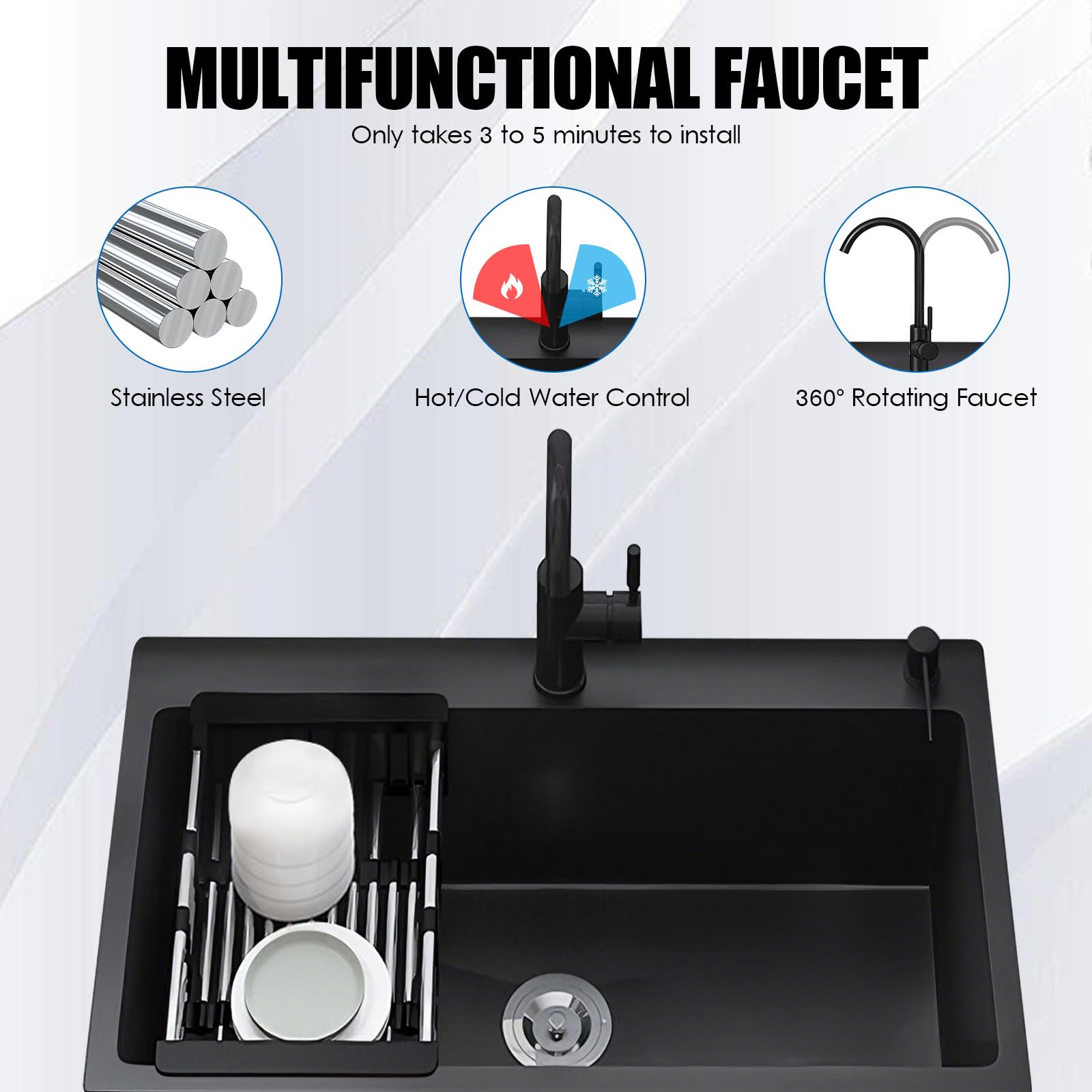 Lavabo Indipendente in Acciaio Inox con Rubinetto Estensibile e Tubi Dell'acqua Calda e Fredda, Lavello da Cucina con Armadio Contenitore e Scolapiatti per Esterni, Interni, 68 CM/80 CM
