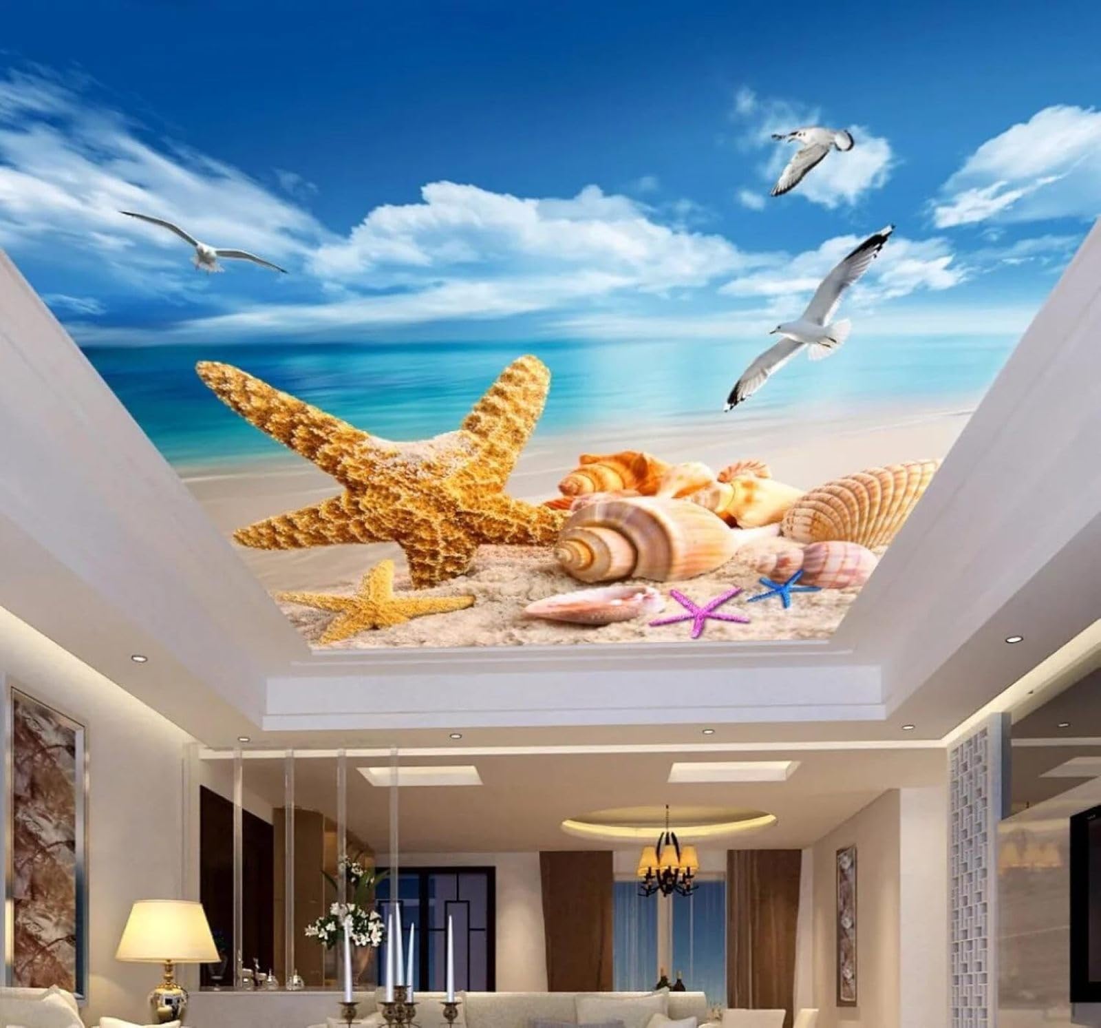 XLMING Beach Starfish Shells Seabirds Seascape 3D Wallpaper Silky Texture Home Study Office Grey Dining Room Sofa Bedroom Living Room TV Backdrop-430cm×300cm
