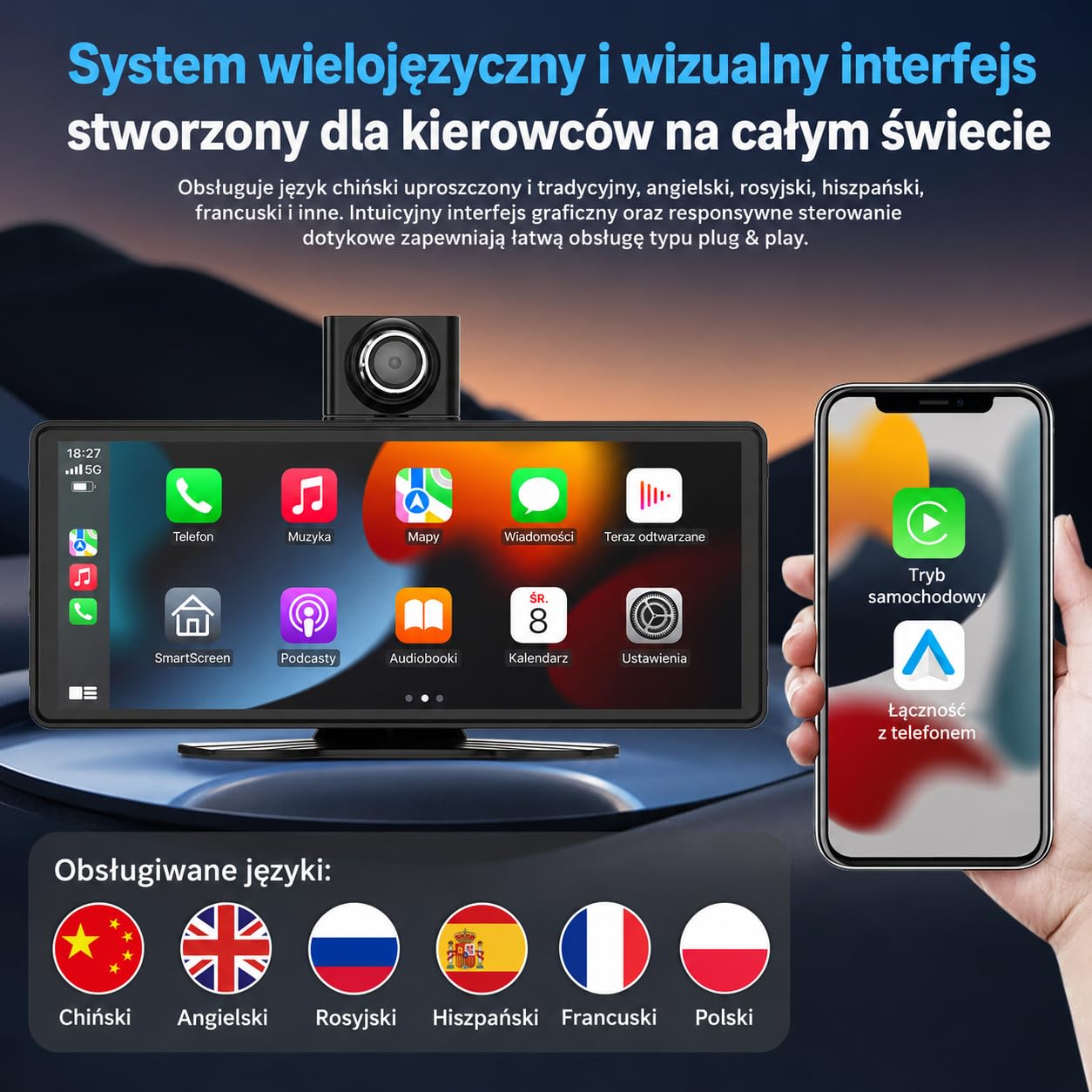 10,26" Przenośny Ekran Samochodowy z Bezprzewodową Obsługą CarPlay i Android Auto, Ekran Dotykowy do Samochodu z Kamerą do 4K i Kamerą Cofania 1080P, Bluetooth/FM/AUX, Mirror Link