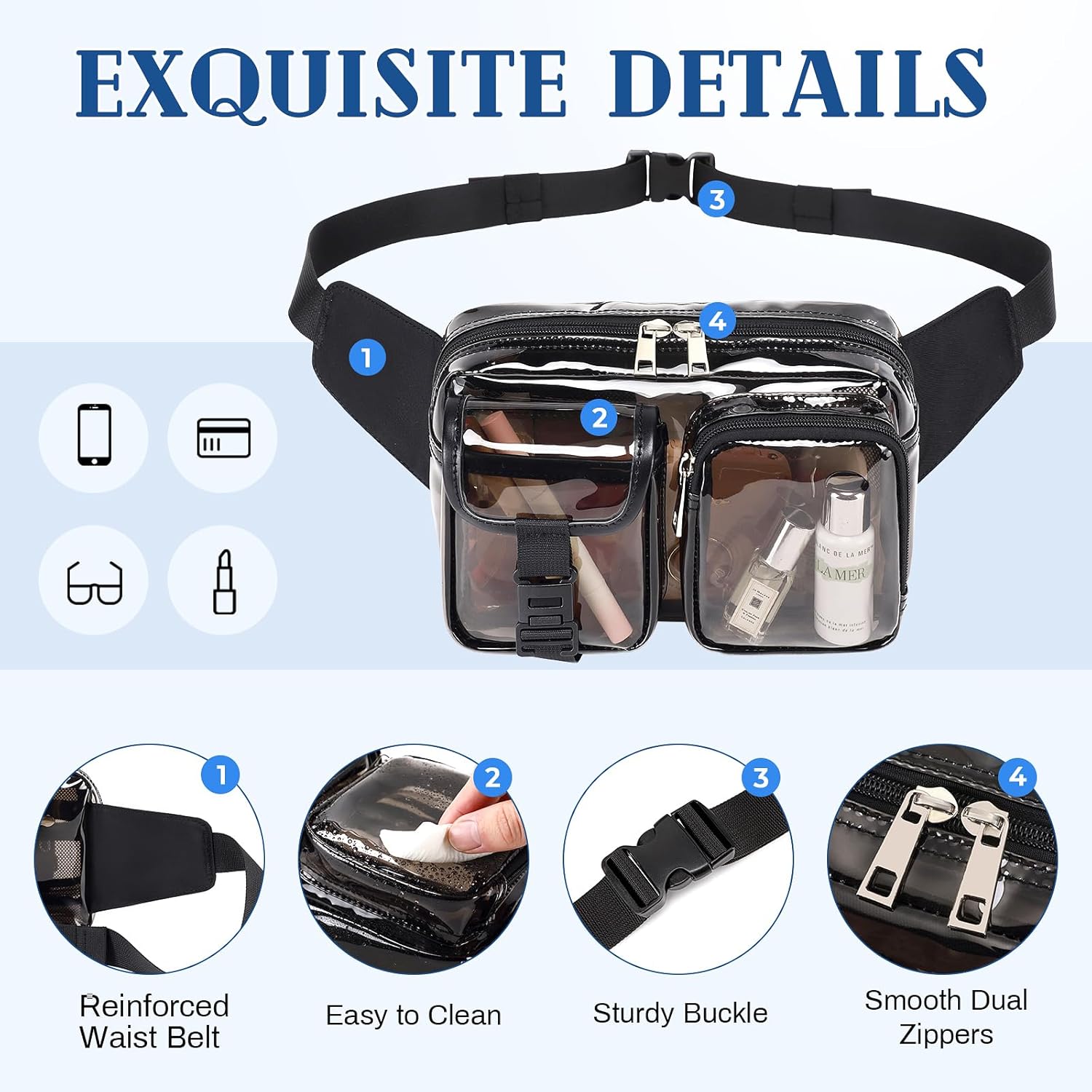 Fanny Pack Clear Stadium Bag Fashion See Through Waist Pack Transparent Belt Bag for Women Work, Travel, Semi-black - Image 5