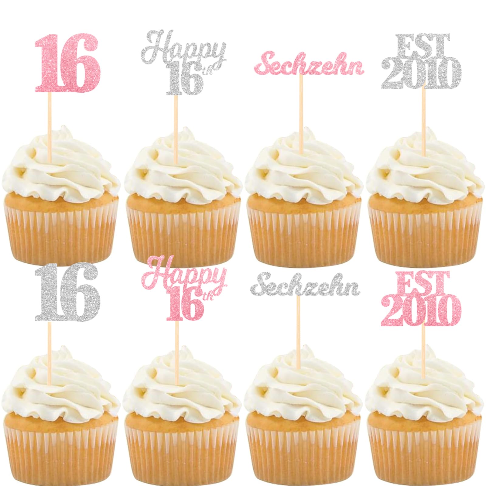 Gleevio Sechzehn Tortendeko 16 Geburtstag Mädchen Junge,24 Stück Muffin Deko 16 Geburtstag,Glitzer Happy 16th Cupcake Topper 16. Geburtstagdeko,EST 2010 Kuchen Deko Geburtstagsdeko 16 Jahre Junge