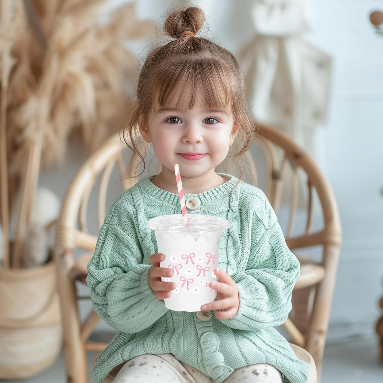 JarThenaAMCS 50 Pcs Pink Bow Plastic Cups with Lids and Straws 12 oz Pink Bow Daisy Clear Plastic Cups Disposable Cups for Mother's Day Birthday Wedding Party Supplies - Image 7