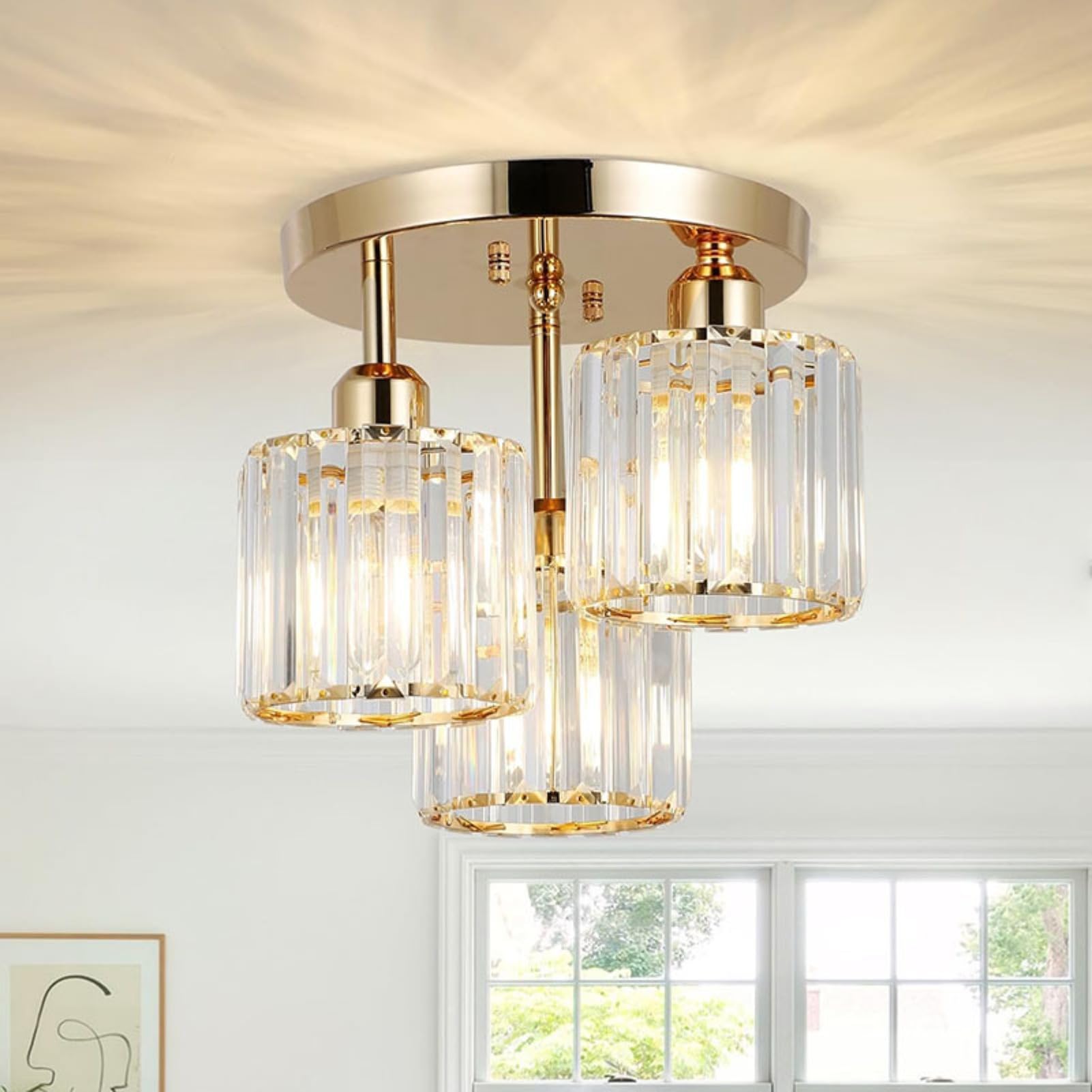 ‌Lámpara de Araña de Cristal Moderna E26 - Techo Colgante con 3 Luces LED, Pantalla Elegante - Ideal para Sala, Dormitorio, Cocina, Pasillo o Baño