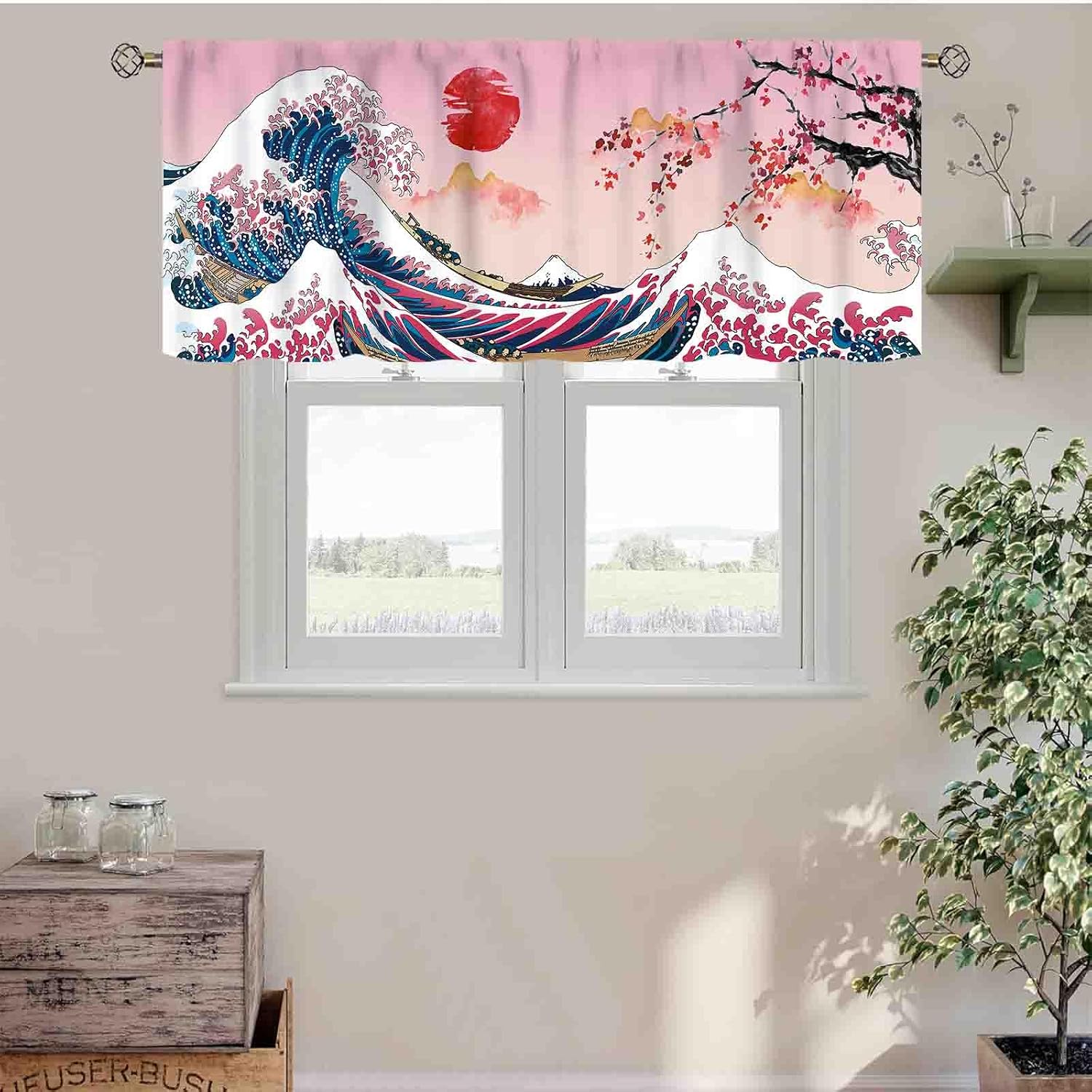 Japanese Valances for Window, Asian Style Japanese Anime Cherry Blossom Great Wave Oriental Pink Rod Pocket Small Short Curtains for Kitchen Cafe Bedroom Living Room Bathroom Cabinet, 54"x18" Inch