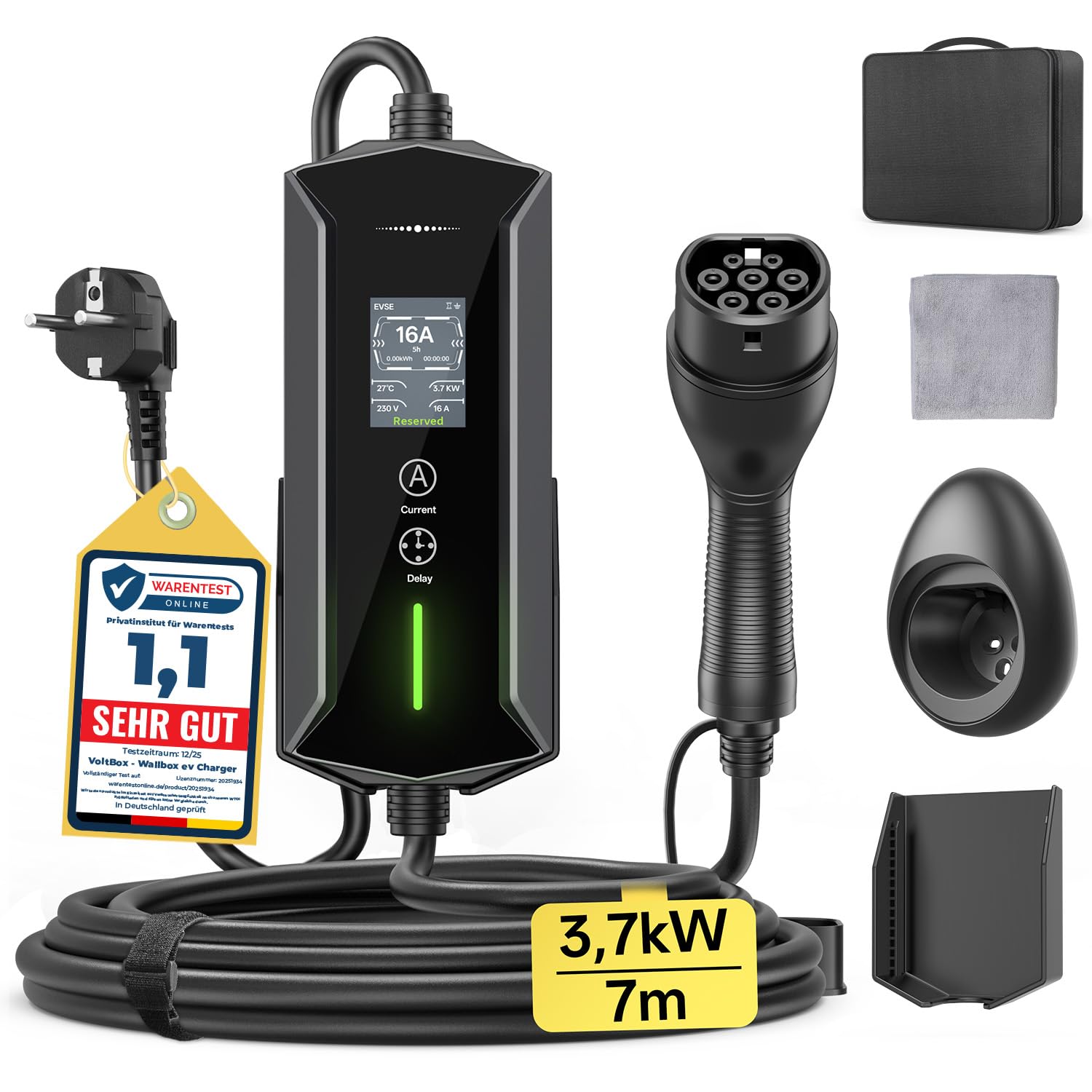 Typ 2 Ladekabel Schuko 3,7kW - 7m|6-16A|1-phasig Tragbare EV Ladegerät IP65 Wasserdicht mit LCD-Anzeige, Einstellbarer Ladeleistung, Einstellung Startzeit, für Allen EVs(IEC 62196-2) & PHEVS