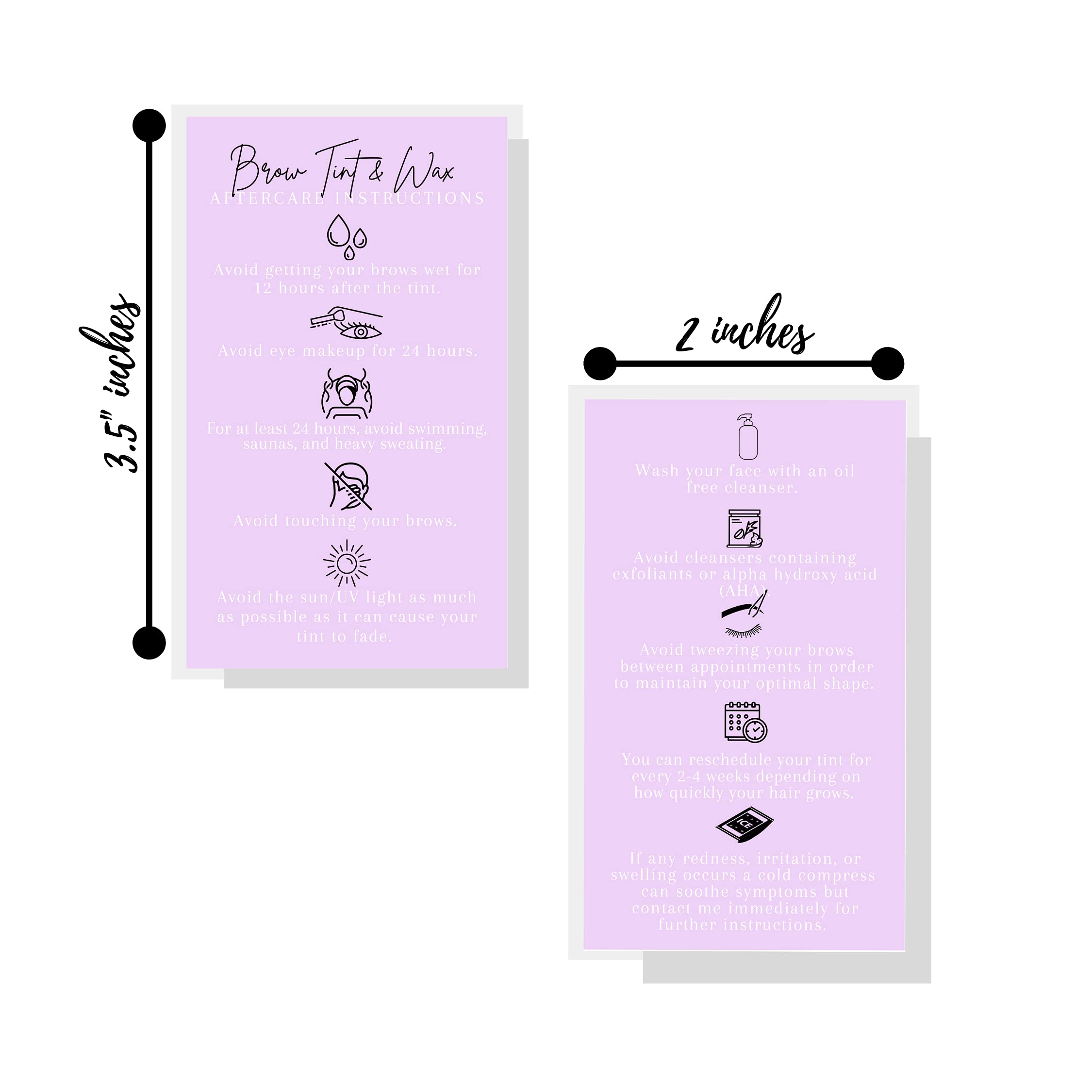 Brow Tint & Wax Aftercare Instruction Cards - 50 Pack, 2x3.5" Business Card Size, Lavender Design-867558