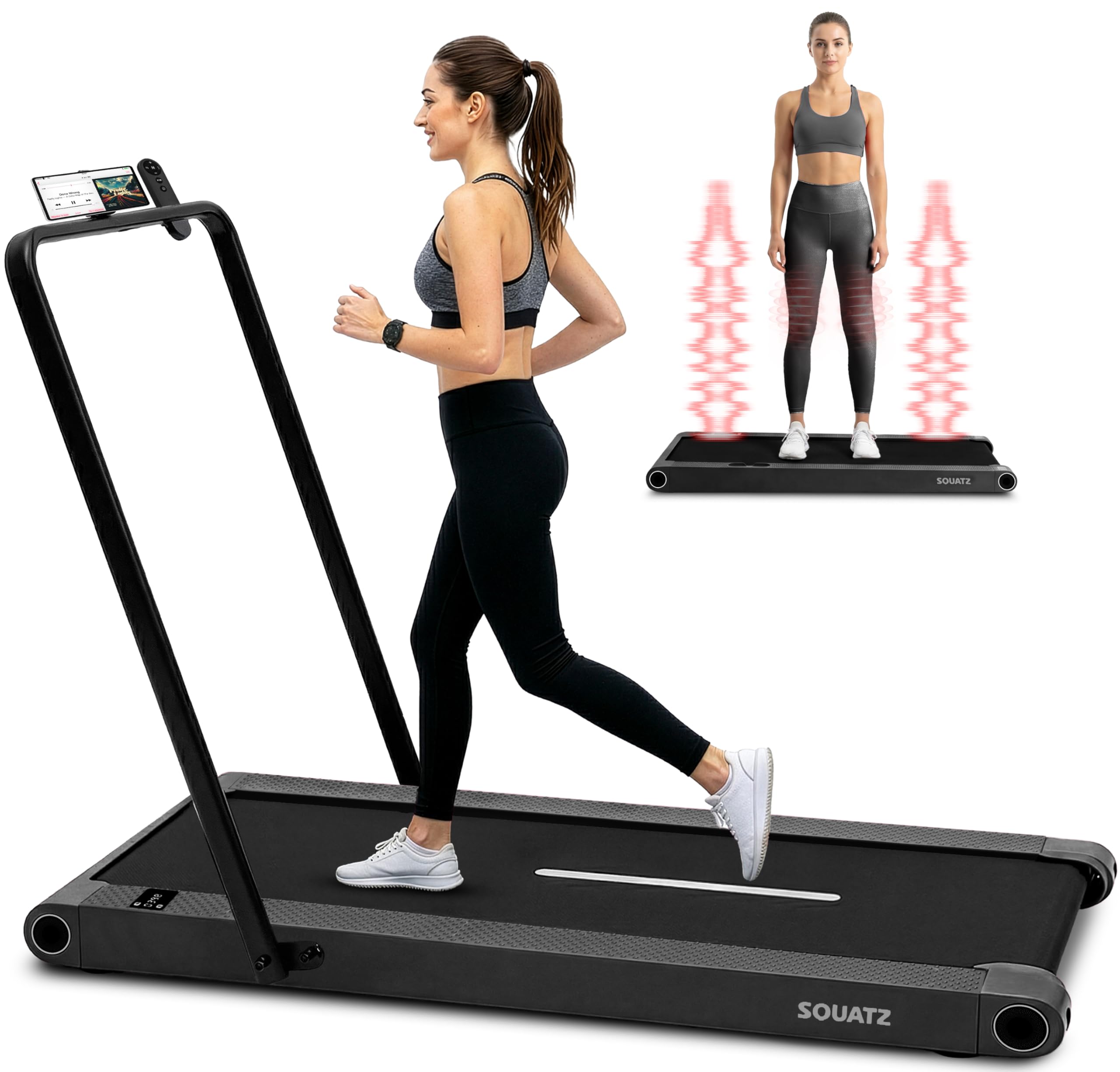 SQUATZ 2-in-1 Walking Pad Laufband mit Handlauf, klappbar und platzsparend, für Zuhause und Büro, mit Vibrationsplatte, leisem Motor, bis 120 kg