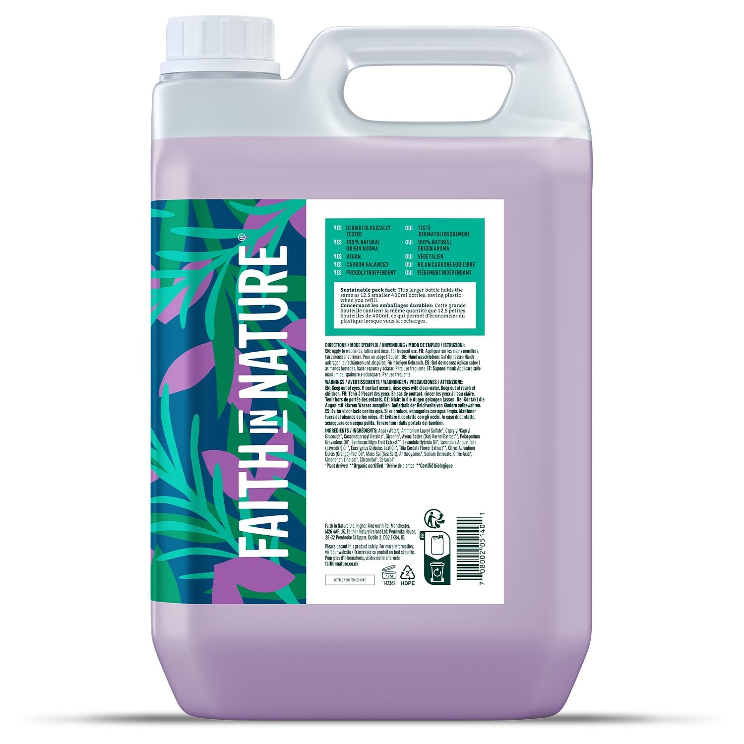 Faith In Nature Flüssige Handseife Lavendel und Geranie, Entspannend, Vegan und Tierversuchsfrei, Ohne SLS oder Parabene, 5 L Nachfüllpack