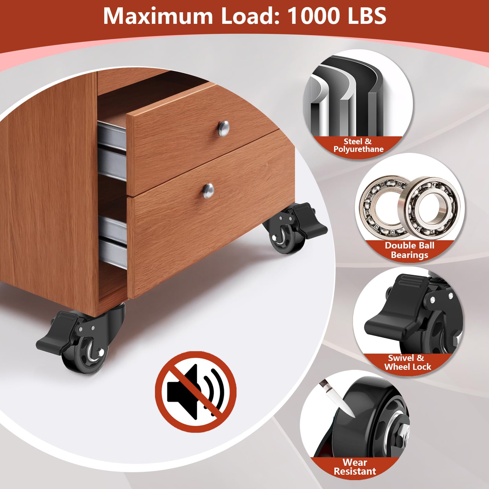 3-Zoll-Lenkrollen, 4er-Set, Schwerlastrollen mit Bremse (1000 lbs Tragkraft), feststellbare Industrie-Lenkrollen mit Schwenkplatte für Möbel und Werkbankwagen (zwei Befestigungssätze enthalten)