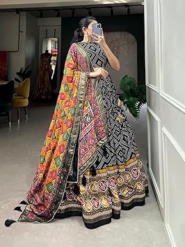 Navratri Collection Original Mirror Handwork Cotton Lehenga Choli With Laheriya Dupatta (BLACK)