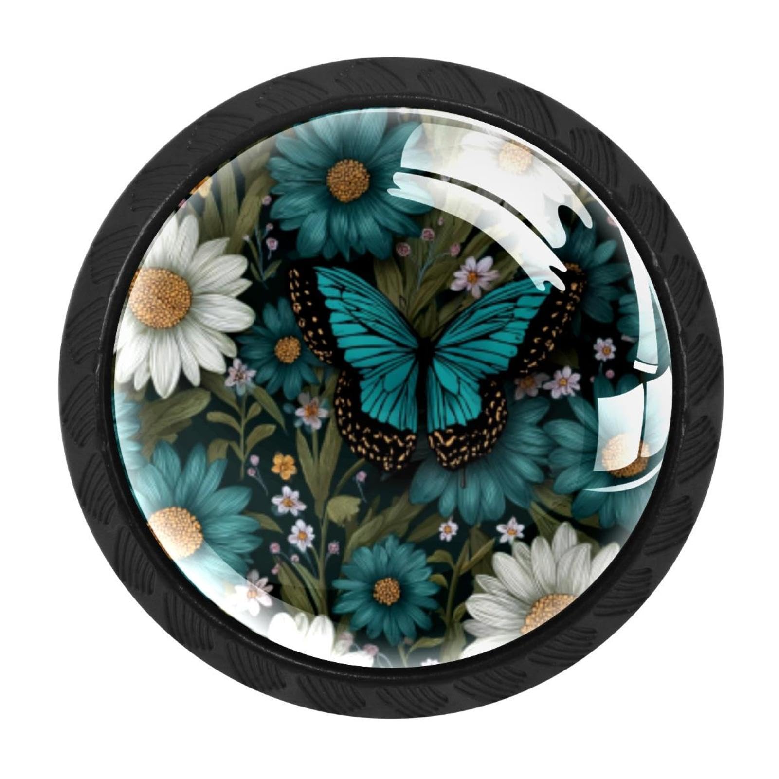 CHENZZZZ 4pcs Round Cabinet Knobs for Home Wardrobe Office Kitchen Dresser and Cupboard Cute Teal Daisy Butterfly Farmhouse DIY Glass Drawer Pull Handle with Screws