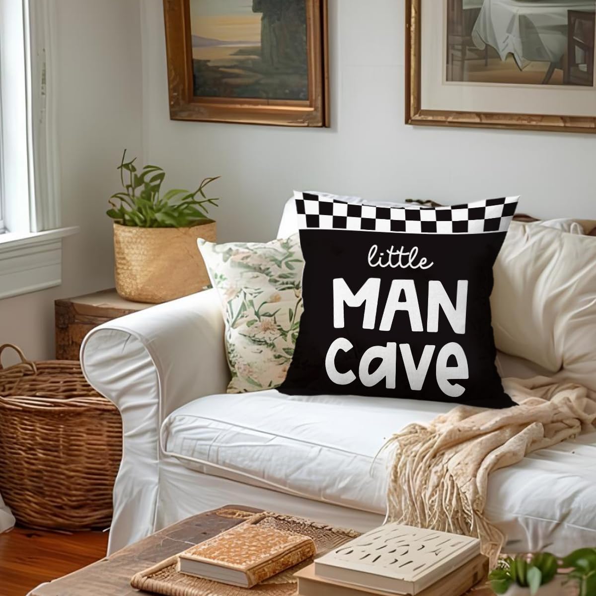 Boys Car Room Decor, Little Man Cave Pillow Cover 18x18, Trendy Black and White Checkerboard Decorative Throw Pillow Case for Boys Bedroom Playroom Nursery image 4