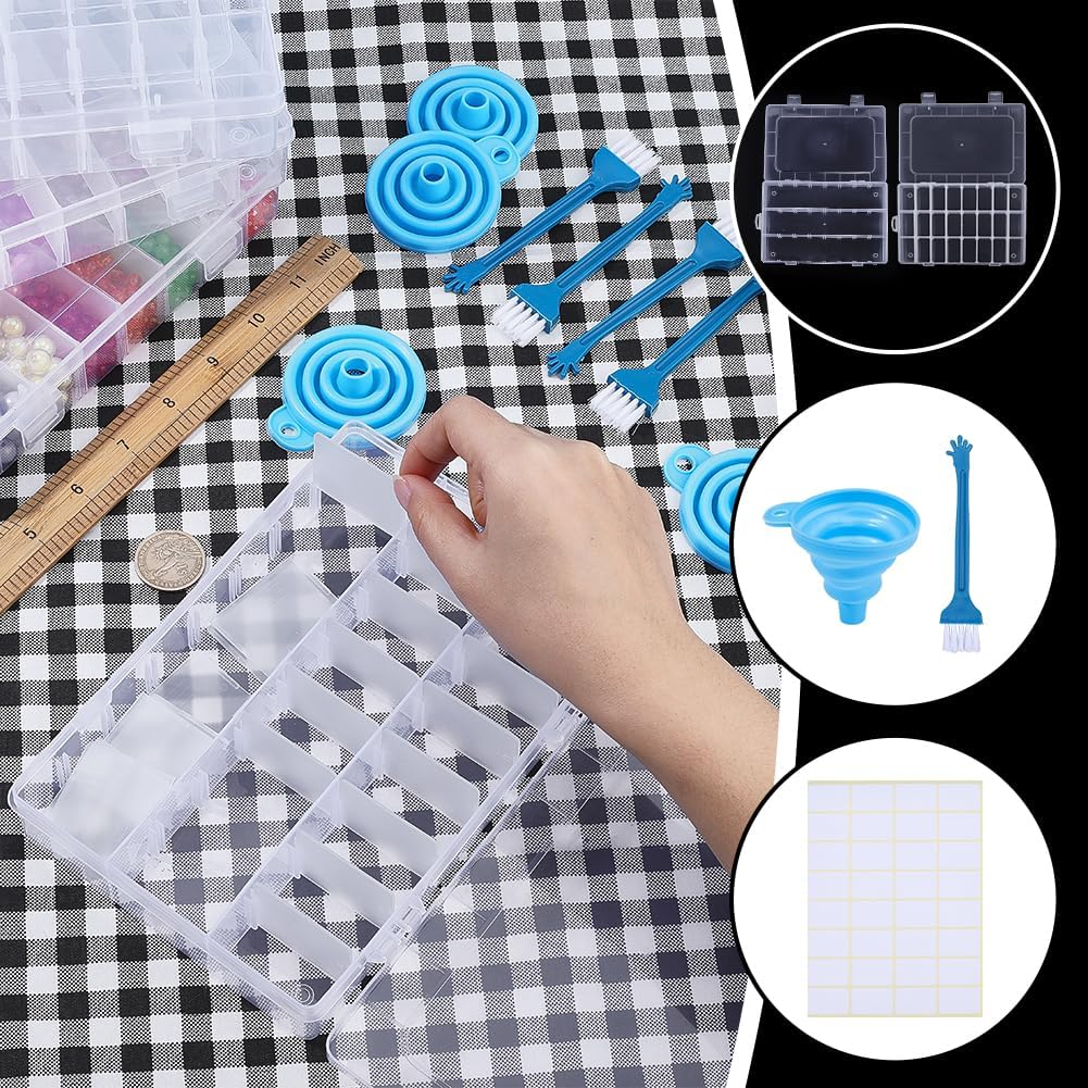 WADORN 4Pcs 24 Grids Plastic Organizer Box with Adjustable Dividers, Removable Grid Compartment with 15 Sheets Label Stickers Bead Storage Container for DIY Jewelry Making Nail Charms Fishing Tackles