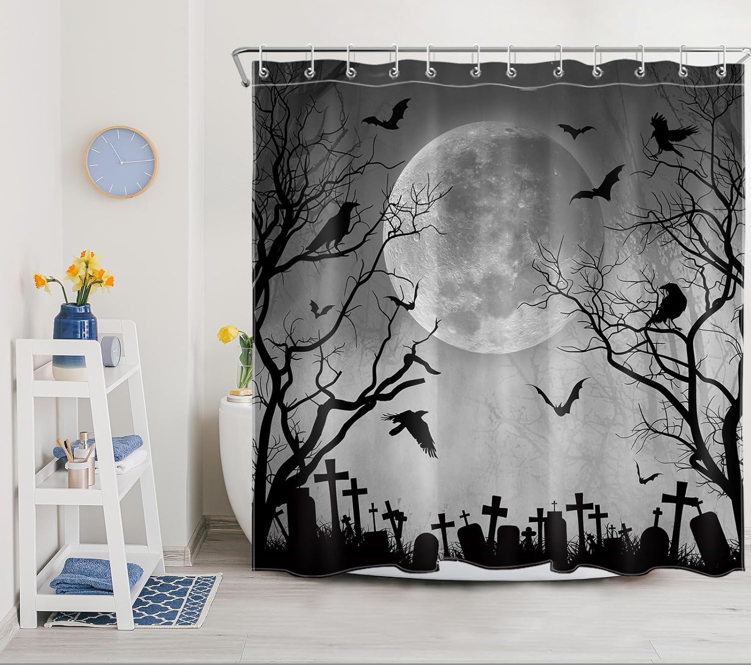 Halloween Shower Curtain Black Crow Bat and Dead Tree in Spooky Misty Forest Shower Curtain with Hooks, Scary Grey Full Moon Night Bathroom Curtains Shower Set Halloween Decor, 72X78Inches