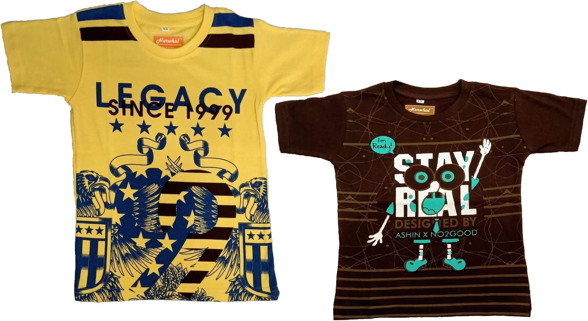 NarwhalCombo Set of 2 Tshirt Yellow and Brown Boys & Girls Printed Casual Wear Cotton Round Neck Summer Winterwear Half Sleeves Kids Tshirt