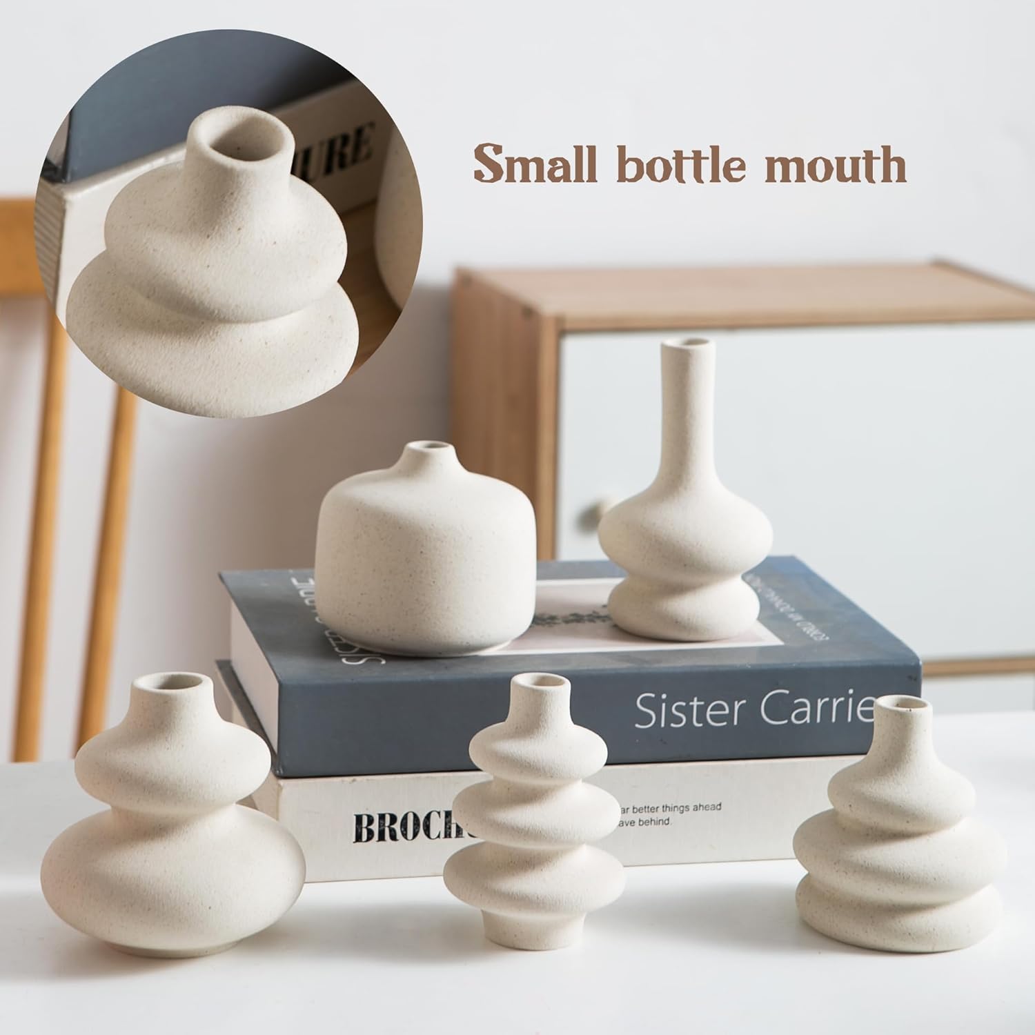 Small White Ceramic Vases Set of 5, Mini Decorative Boho Vases for Flower, Wedding & Home Decor
