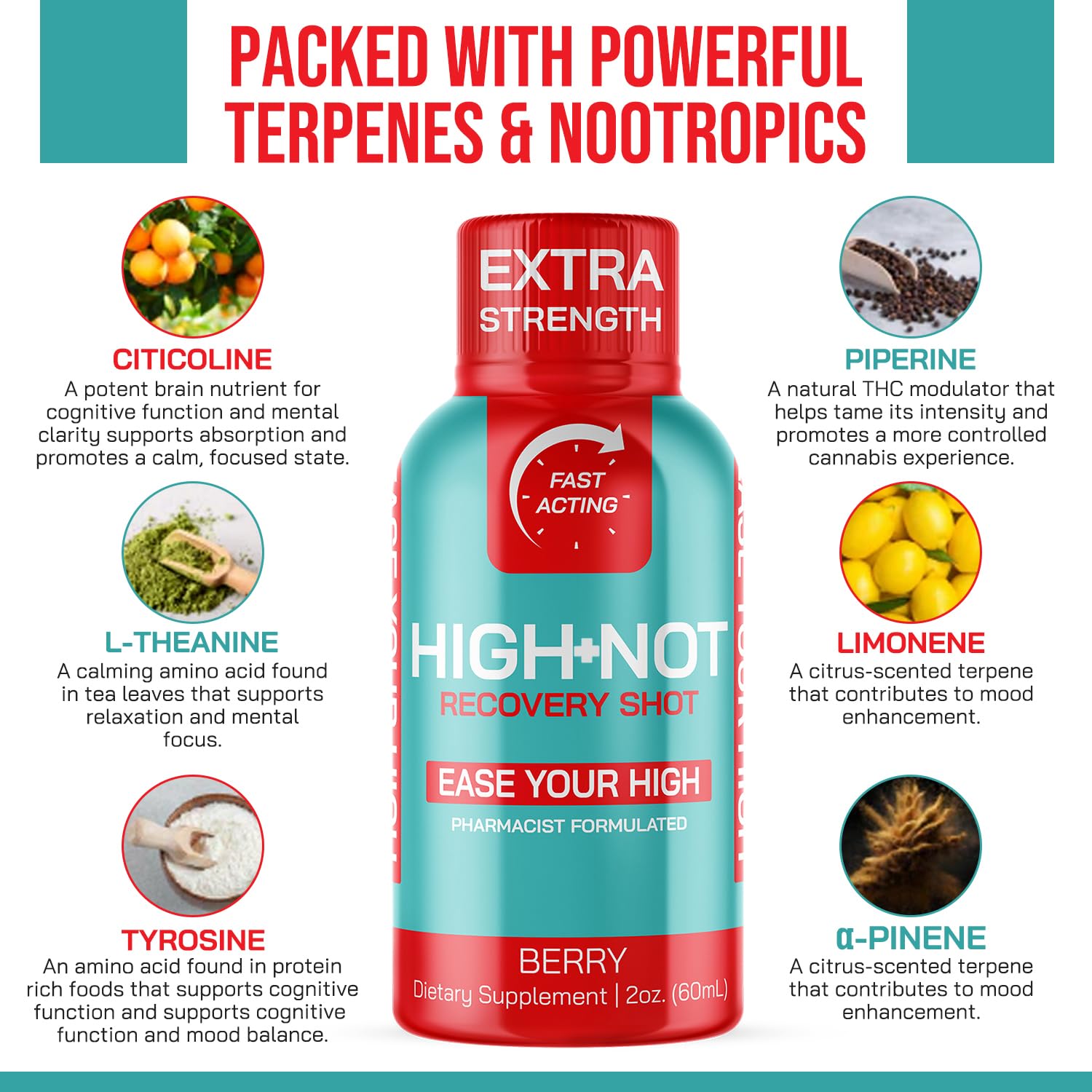 HIGH NOT Berry Flavored Recovery Shot – Rapid Relief for Intense THC̈̈ Effects – Fast-Acting Plant-Based Energy Shot – Vegan Brain Booster & Morning Recovery Drink