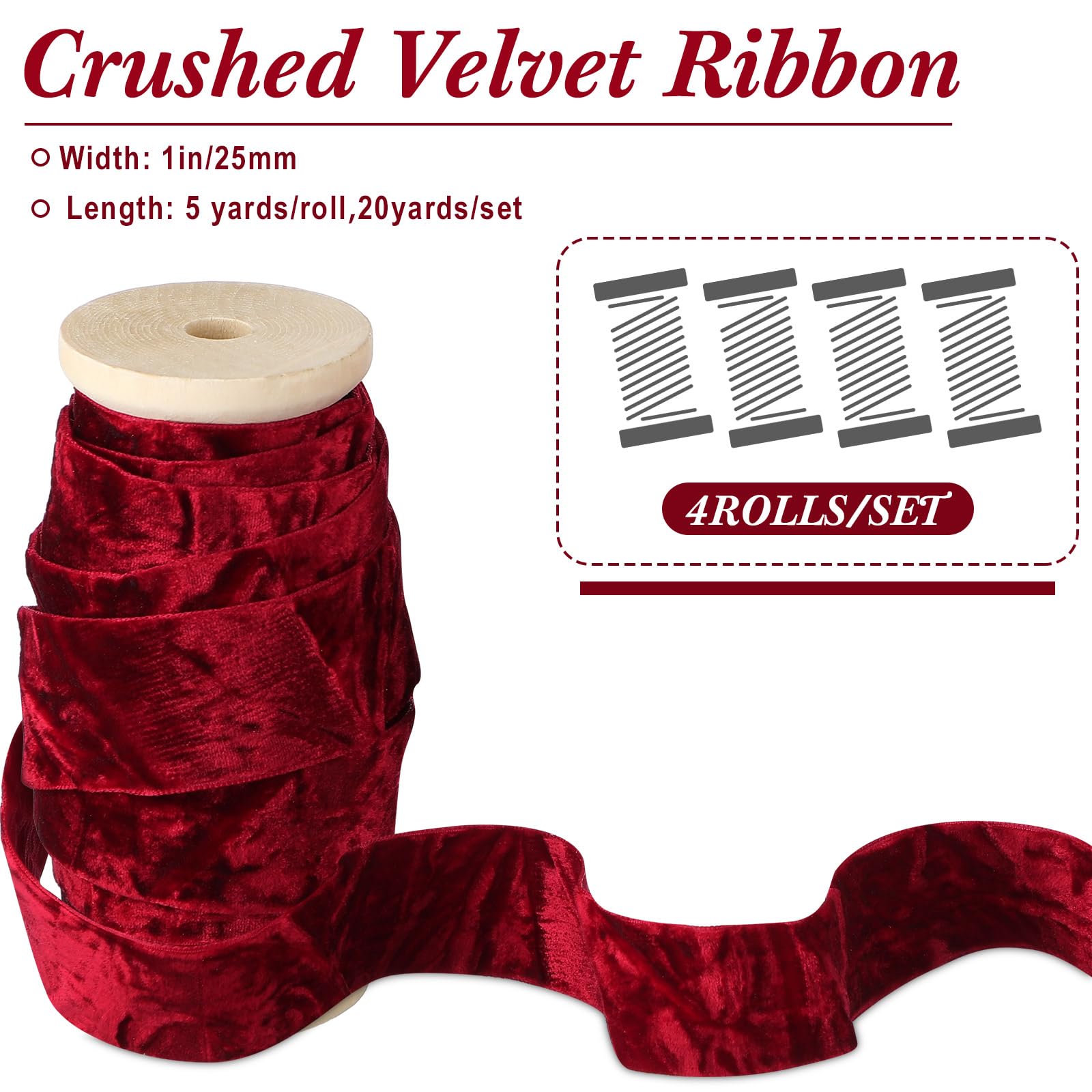 Chuangdi 4 Rollen 20 Meter Knautschsamtband Weihnachten Vintage Holzspule Samtband für Weihnachtsbaum Ornament Geschenkverpackung Schleife Kranz Blumenstrauß Handwerk Dekoration (Burgunderrot, 2,5 cm)