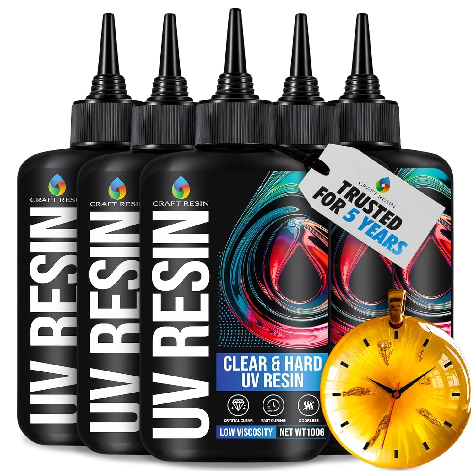 CRAFT RESIN 500g UV Harz Klar, Harte Variante, Niedrige Viskosität - kristallklarer und nicht vergilbender UV Resin Set für DIY, Schmuckherstellung, Gussformen - schnelles Aushärten unter UV-Licht