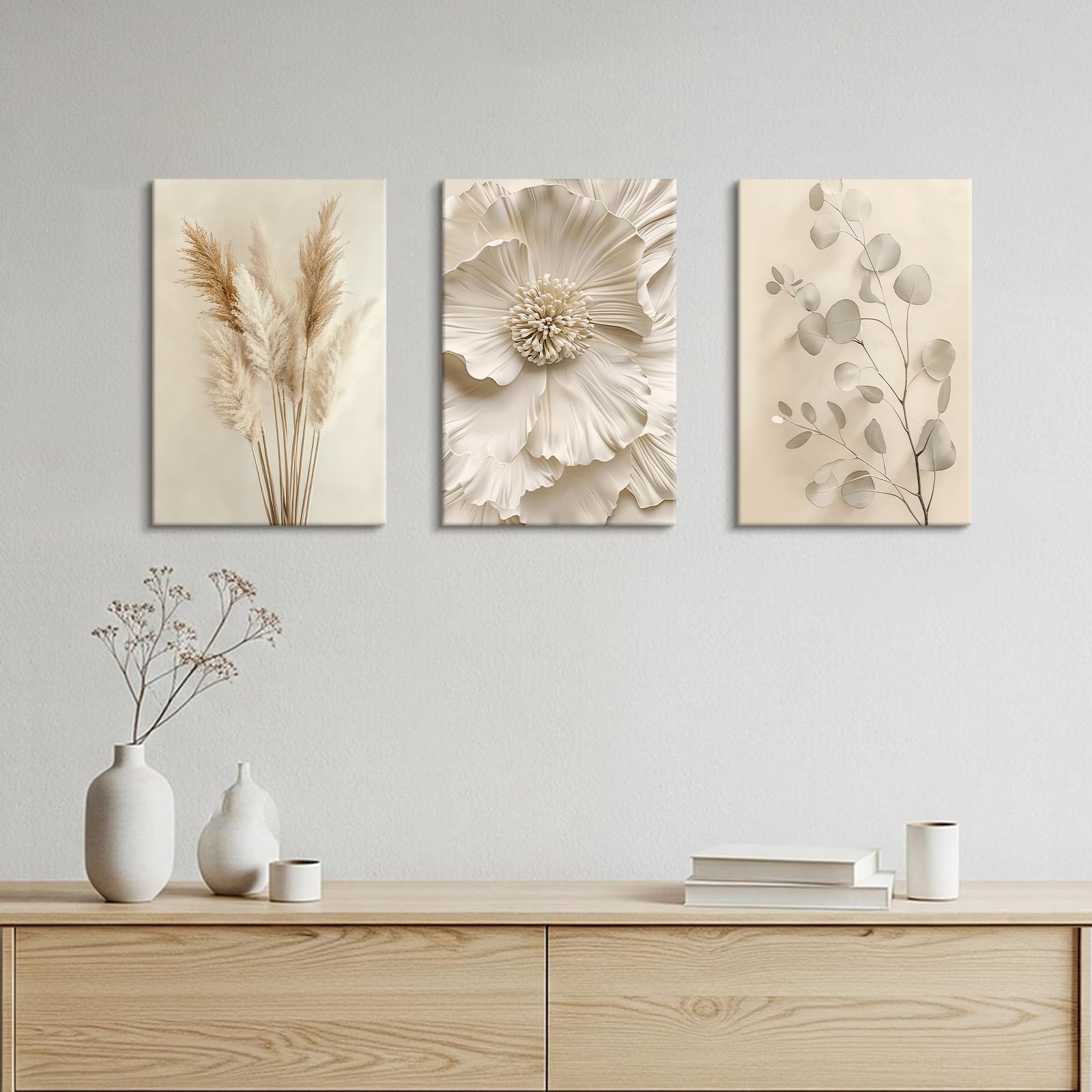 3 Pcs Wooden Framed Canvas Wall Art Beige Flower Pampas Grass Canvas Prints Cream Eucalyptus Leaf Painting Minimalist Floral Pictures for Living Room Bedroom Bathroom Wall Decor 40x60 cm x3pcs - Image 2