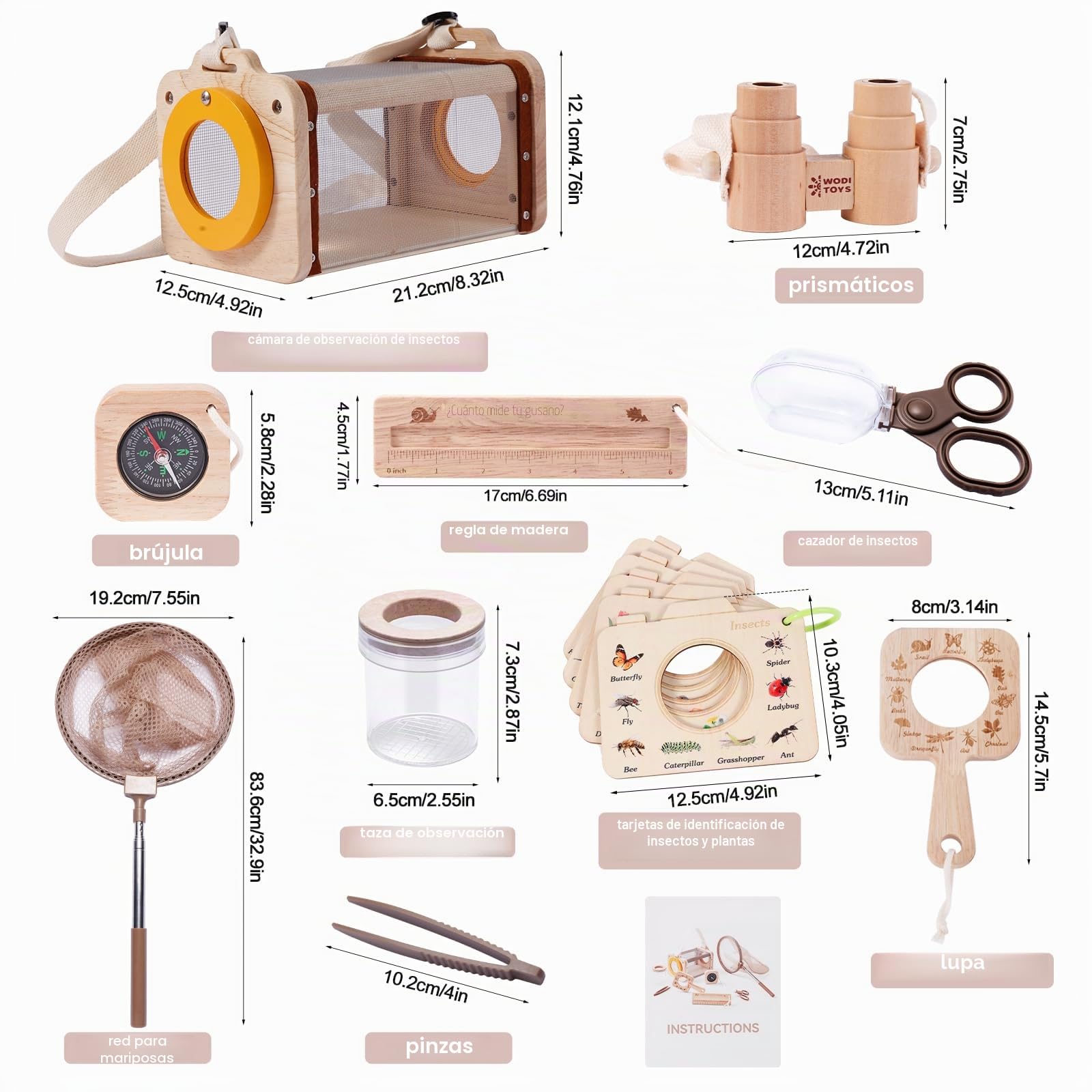 Astarama Kit Explorador Niños,5 Piezas Madera Atrapa Insectos con binoculares,casa de observación de Insectos,cazamariposas,brújula.Juguetes Educativos Regalos