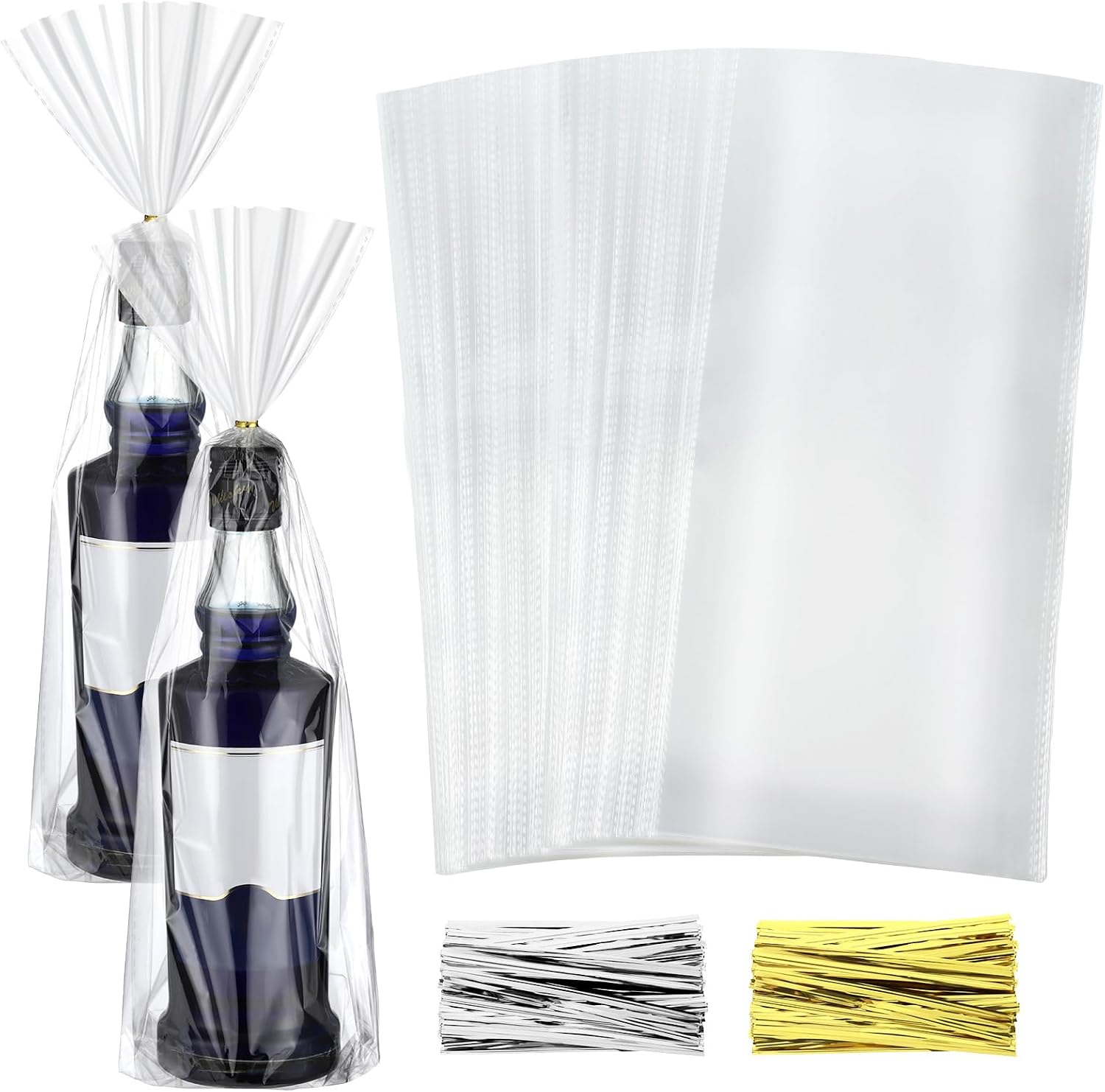 Gersoniel 8 x 16 Inch Cellophane Bags Plastic Clear Cellophane Gift Bags Wine Wrap with 200 Pieces Gold Silver Twists for Wrapping Gifts Wine Present Candy Holiday Party Favor