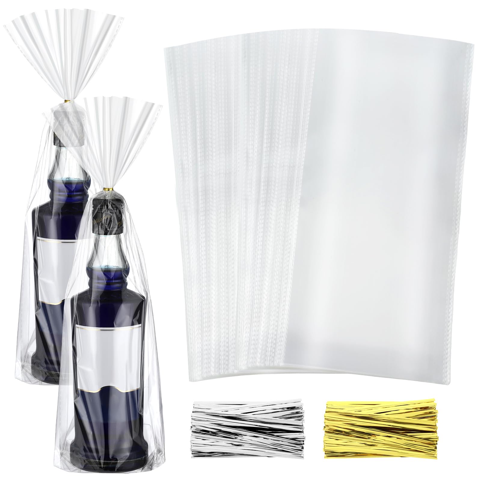 Gersoniel 2 Set 8 x 16 Inch Cellophane Bags Plastic Clear Cellophane Gift Bags Wine Wrap with 200 Pieces Gold Silver Twists for Wrapping Gifts Wine