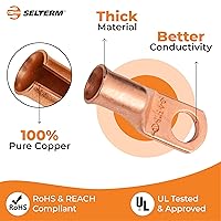Vista 299 de SELTERM - 2 terminales de anillo resistentes para cable de batería, calibre 4 AWG, pernos de 3/8 pulgadas, terminales de calibre 4, ojales de cobre