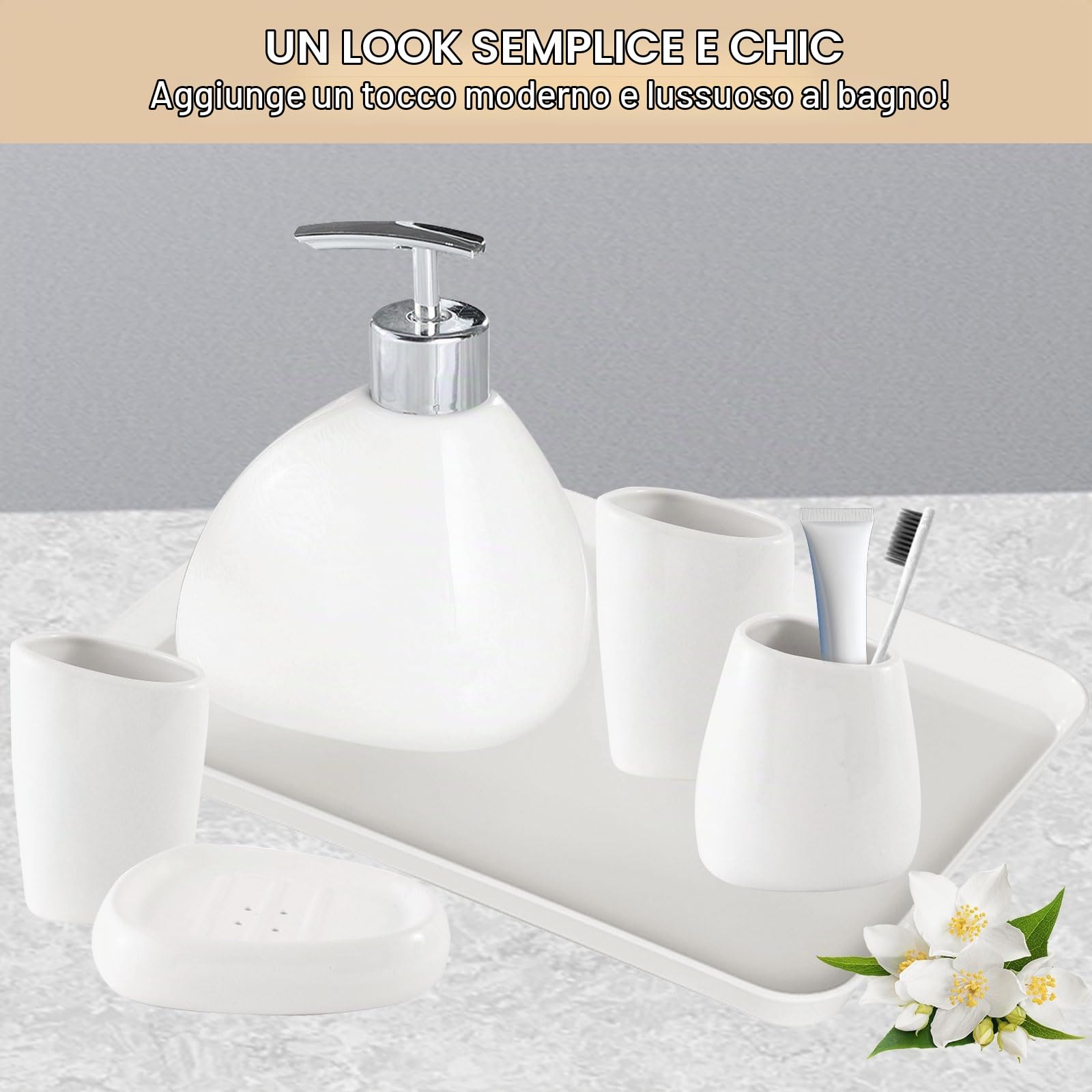 Set Bagno Accessori Completo in Ceramica, 6 Pezzi Set Accessori Bagno Moderno Include Dispenser di Sapone, Portaspazzolino, Coppetta per Collutorio, Scatola per Sapone e Vassoio, Bianco