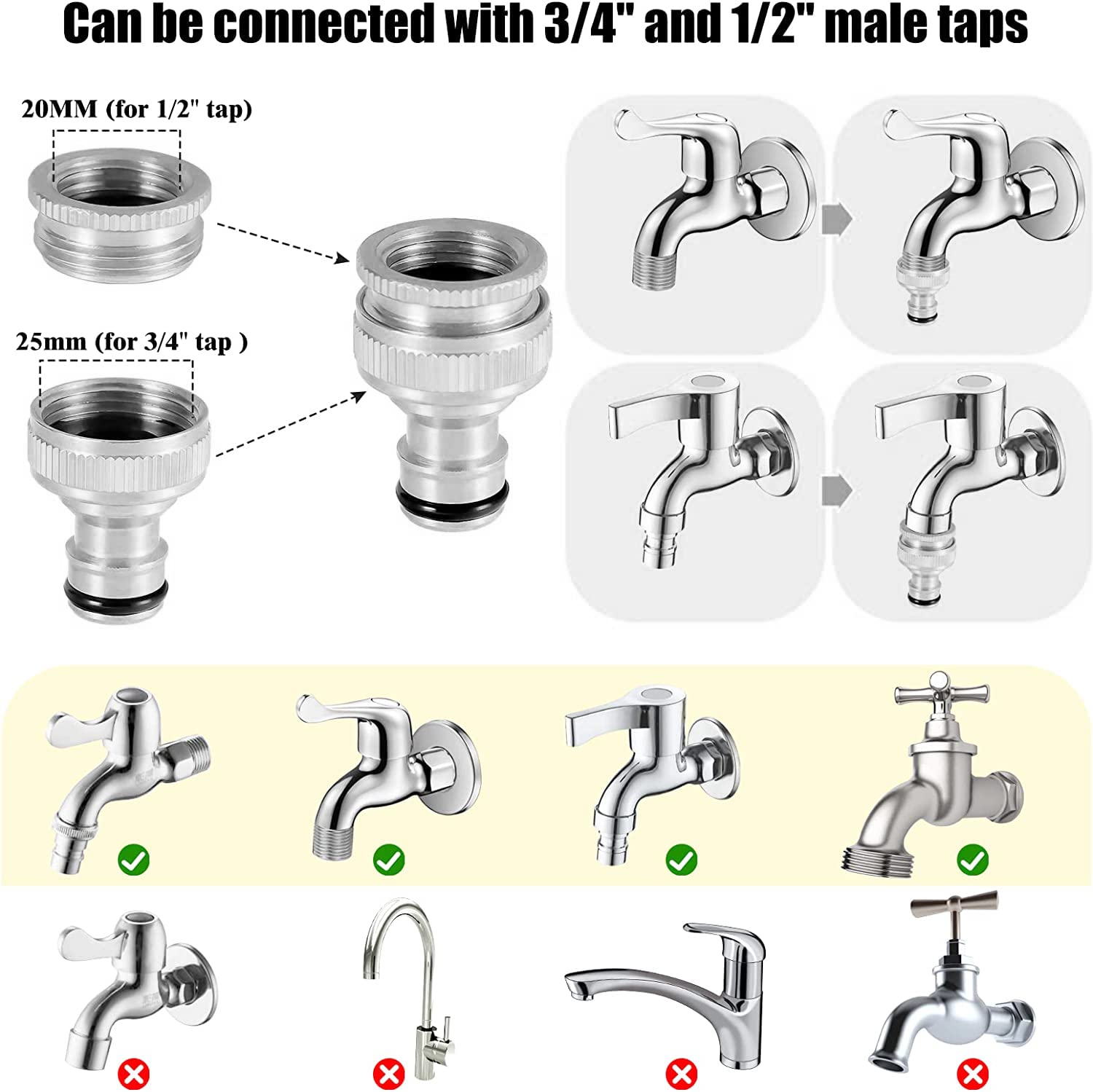 Connettori Per Rubinetto In Ottone 2-in-1 1/2 E 3/4 Di Pollice – Kit Con Rondelle E O-Ring - 3