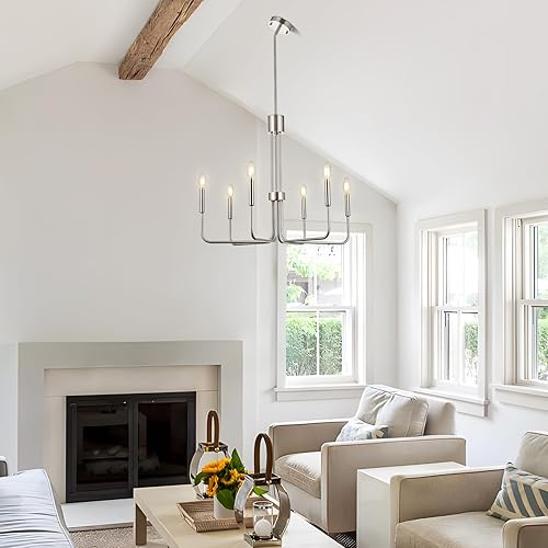 Miniatura 3 de Candelabro de níquel cepillado, 6 luces de granja para comedor, candelabro de metal cromado, lámpara colgante de techo de 28 pulgadas para cocina,