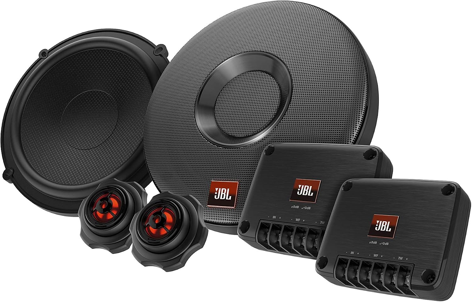 JBL Club 605CSQ 2-Wege KFZ Soundsystem - 285 Watt Komponenten Auto Lautsprecher Boxen Set mit 160mm Carbon Einbau Autolautsprecher , Silk Dome Hochtöner und Frequenzweichen