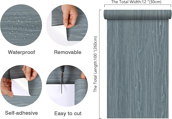 CHIHUT Grayish Blue Wood Grain Peel and Stick Wallpaper Modern Rustic Wood Wallpaper for Kitchen Cabinets Walls 12x100 Self Adhesive Removable Contact Paper for Classroom Furniture Shelves