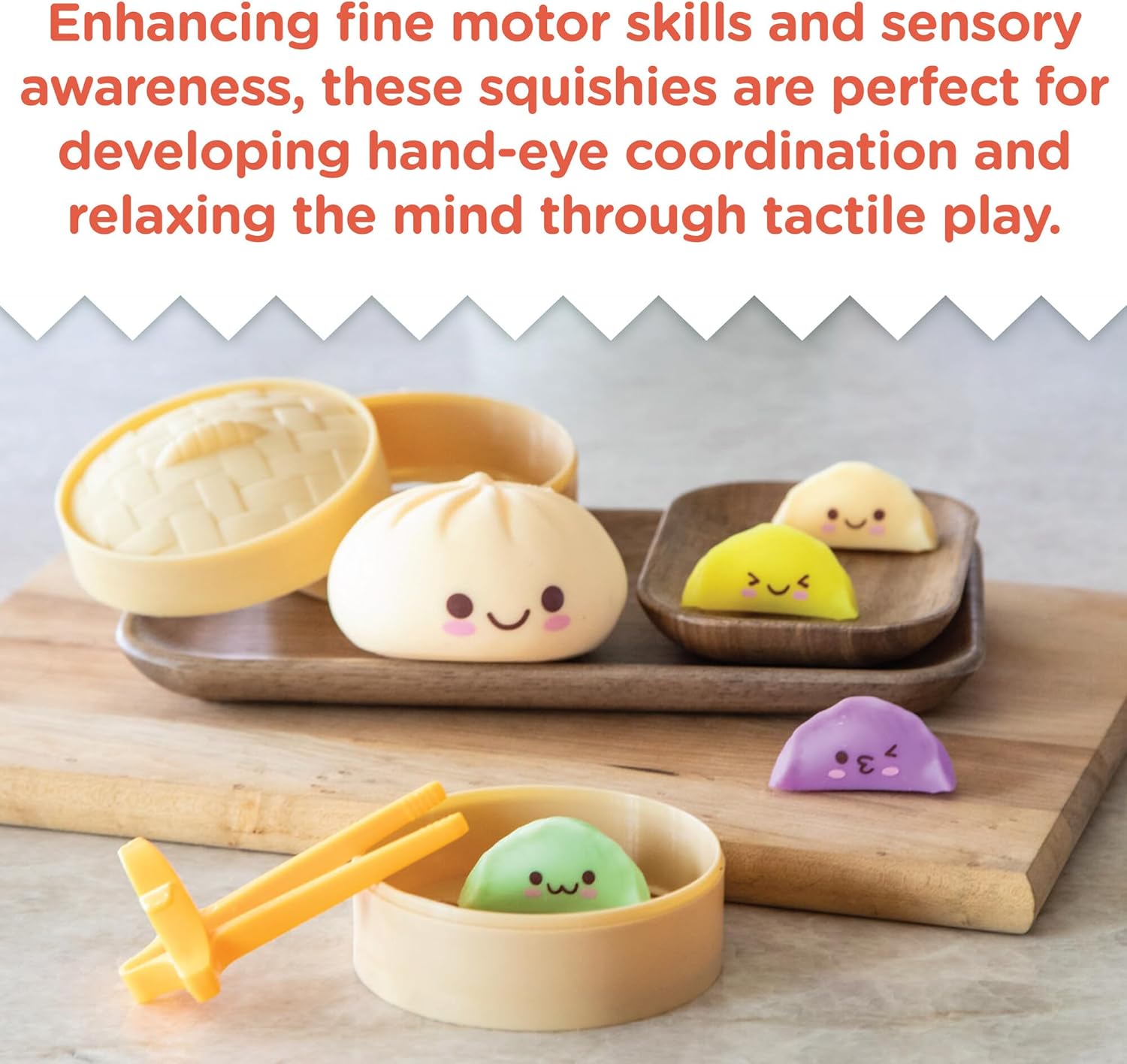 MindWare Foodie Fidgets Set of 3 Squishy Sensory Toys Including Ramen Noodles, Boa Bun, Dumplings and Squishy Suishi Tray Fidget Toys for Kids and Adults