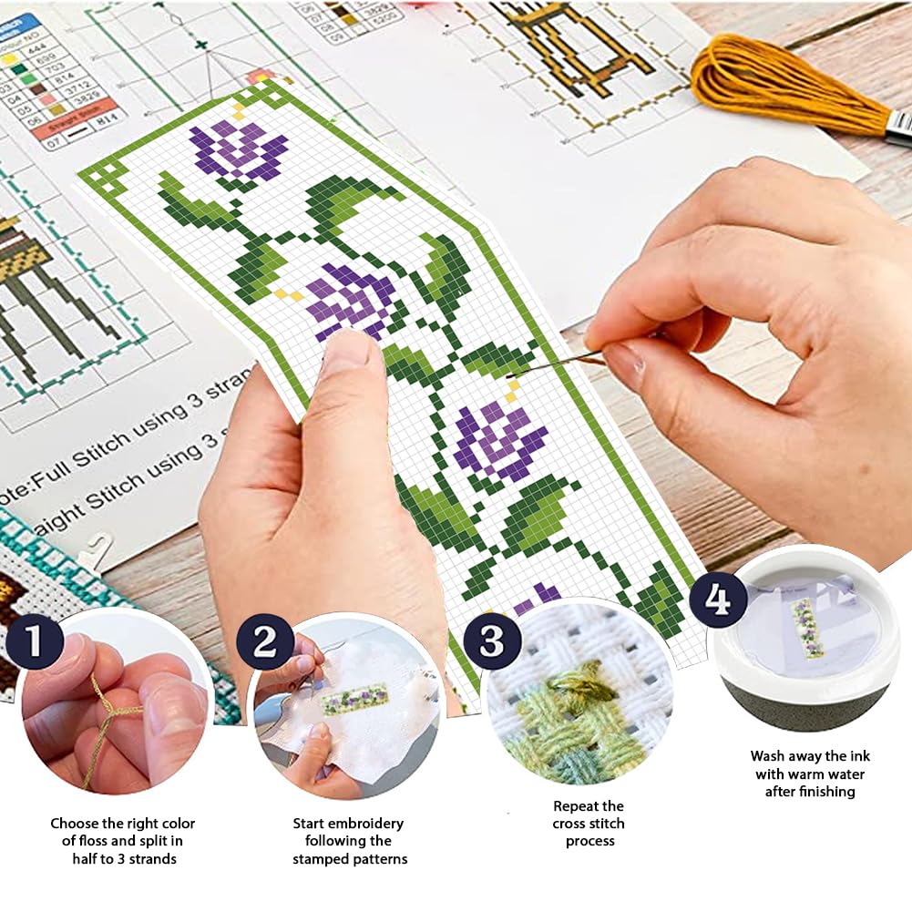 FREEBLOSS 6 Set Cross Stitch Bookmark Kit Cross Stitch Kit Vine Flowers Stamped Cross Stitch Bookmark with English Instruction Cross Stitch Kits for Adults DIY Bookmark Kit 8.7''x3.15'' - Image 4