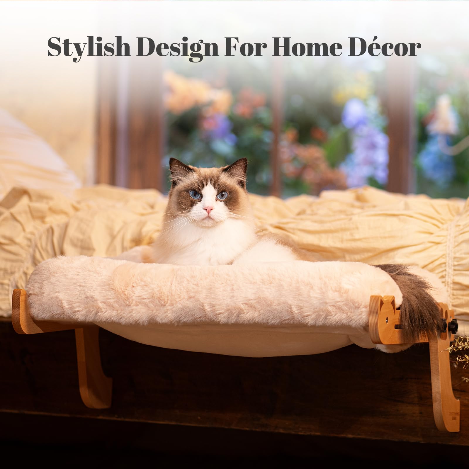 CHEERHOME PETS Percha de ventana para gatos con refuerzo, cama para gatos grandes, hamaca para ventana, asiento de madera ajustable para alféizar de la ventana de la mesita de noche (blanco roto)