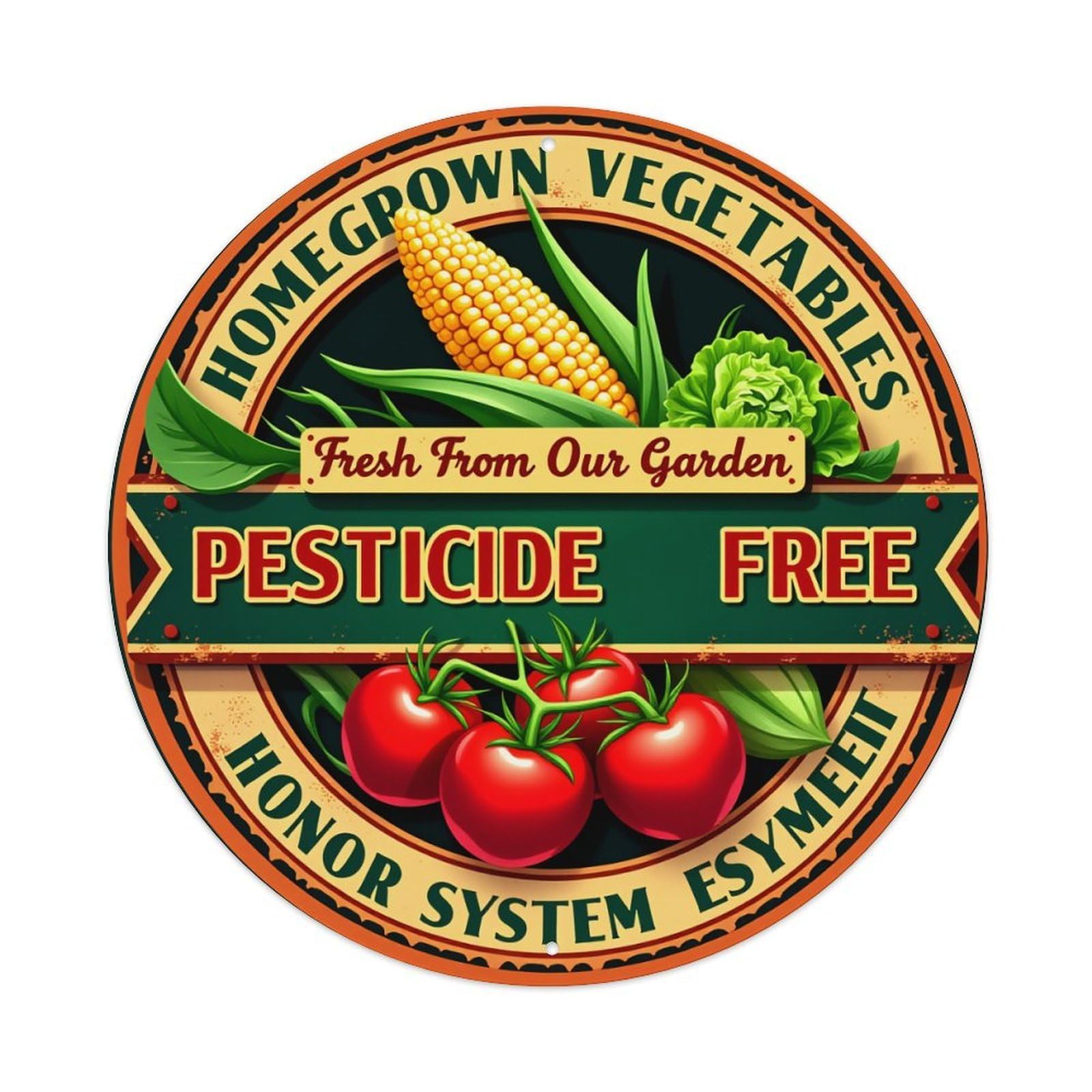 Homegrown Vegetables Fresh Pesticide Free Honor System Round Tin Sign Vintage Metal Poster, Home Bar Garage Man Cave Cafe Indoor & Outdoor Wall Decoration 8x8Inches