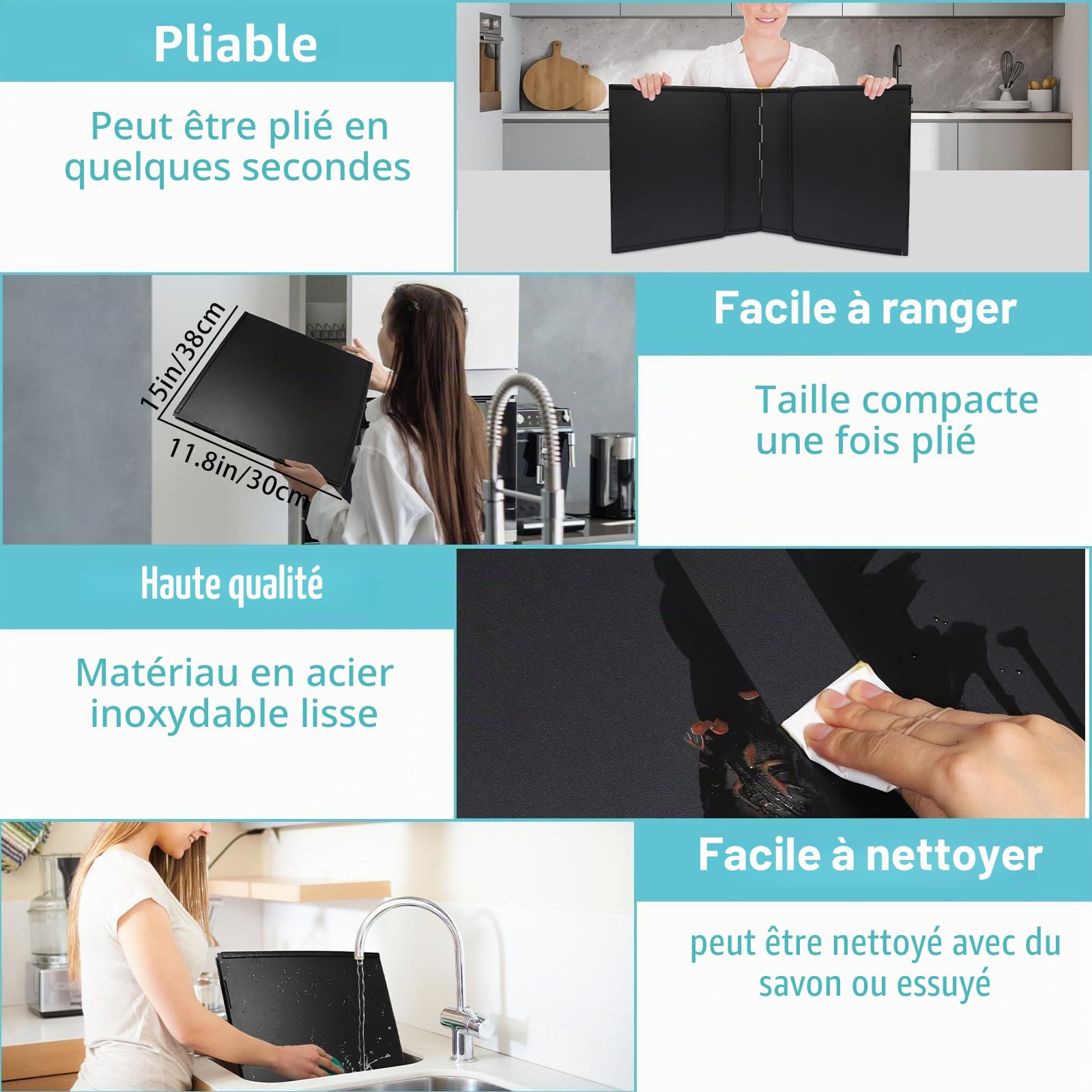 40cm Protection Anti-éclaboussures Liable pour Cuisinière Cuisine Protection Anti Eclaboussure Cuisine Reglable Plaque Anti Projection Cuisine Noire Protection Cuisine Mur