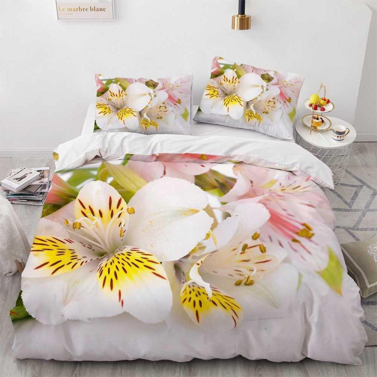 Housse de couette 220x240 microfibre anti-transpiration et sans repassage motif fleur chamois