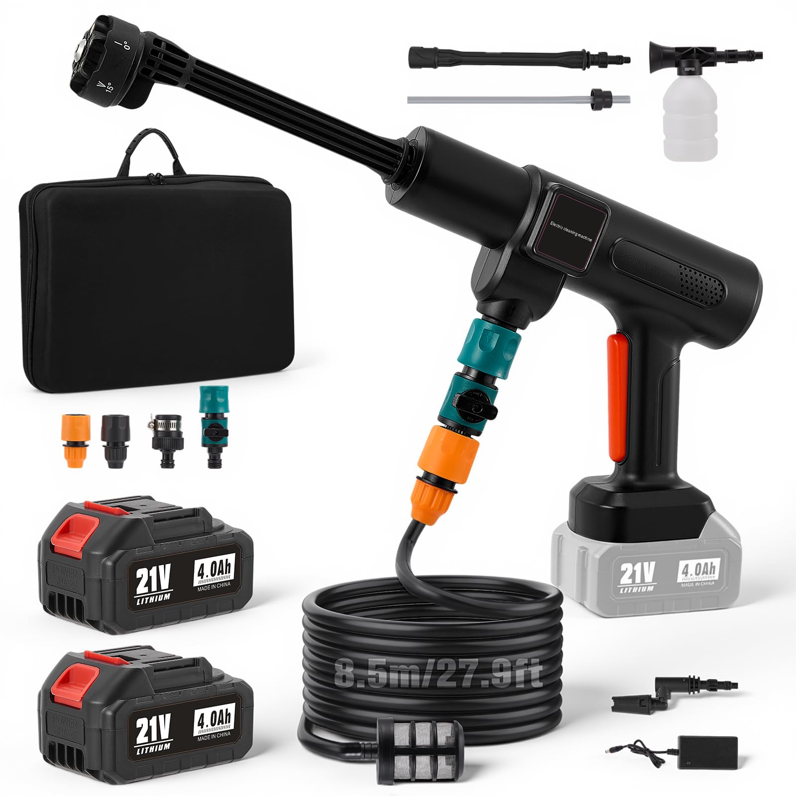 Nettoyeur Haute Pression sans Fil, 83 Bars, Portable, avec 2 Batteries de 4000 mAh, buse réglable 6 en 1, Nettoyage Ultra-Puissant, Tuyau de 8.5M pour Le Nettoyage de la Voiture et du Jardin