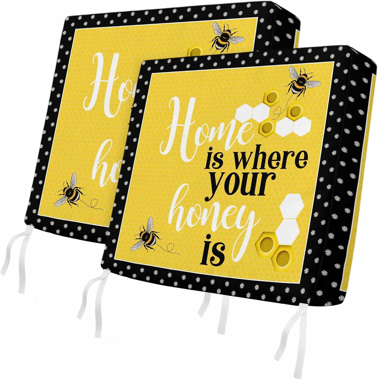 Outdoor Waterproof Cushion Covers Farmhouse Bee Honeycomb Yellow Replacement Seat Slipcover for Patio,Honey Home Quote Polka Dot Chair Couch Sofa Covers Furniture Protector Set of 2,22x20IN