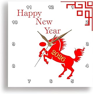 3dRose Image of Red Horse Rears Up and Red New Year Greeting with Date 10x10 Wall Clock