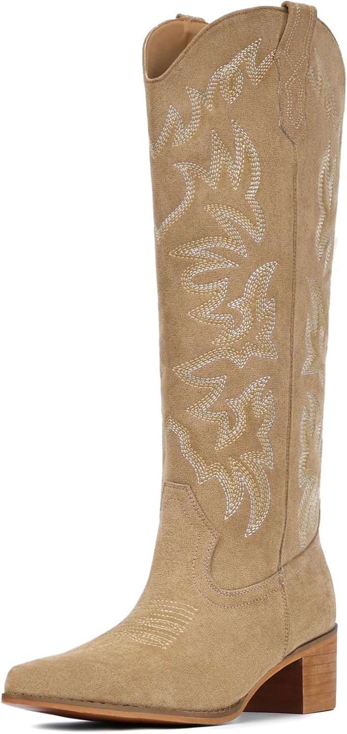 IUV Cowboy Boots For Women Knee High Western Cowgirl Boots Snip Toe Side Zipper Chunky Heel